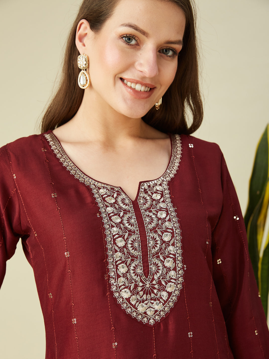 Maroon Embroidered Chinon Blend Straight Suit With Dupatta