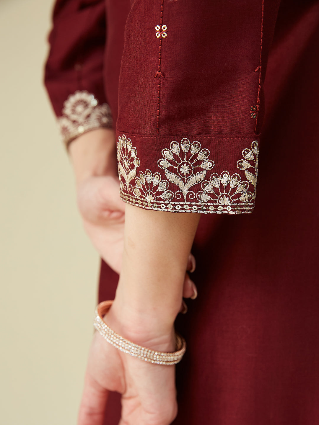 Maroon Embroidered Chinon Blend Straight Suit With Dupatta