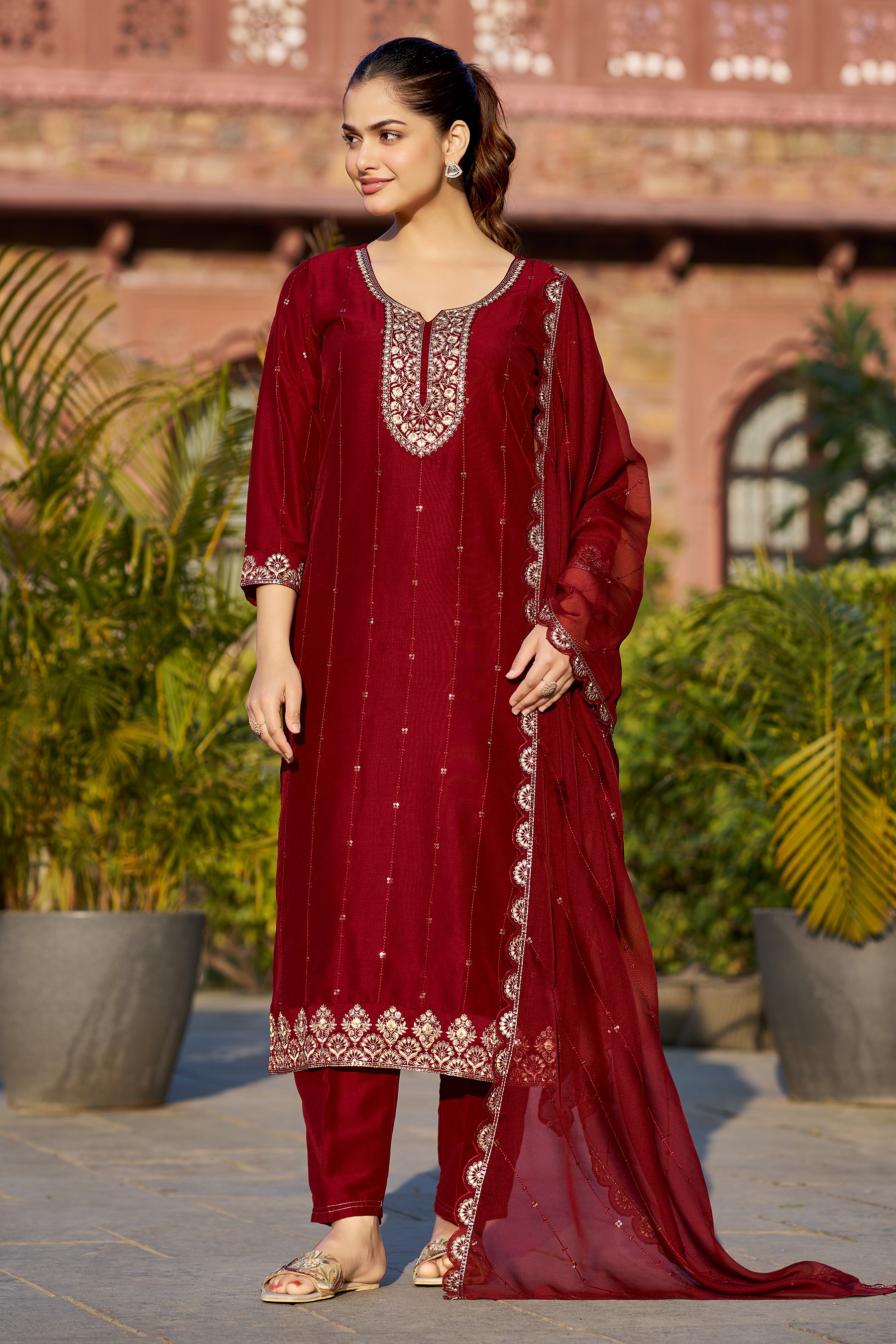 Maroon Embroidered Chinon Blend Straight Suit With Dupatta