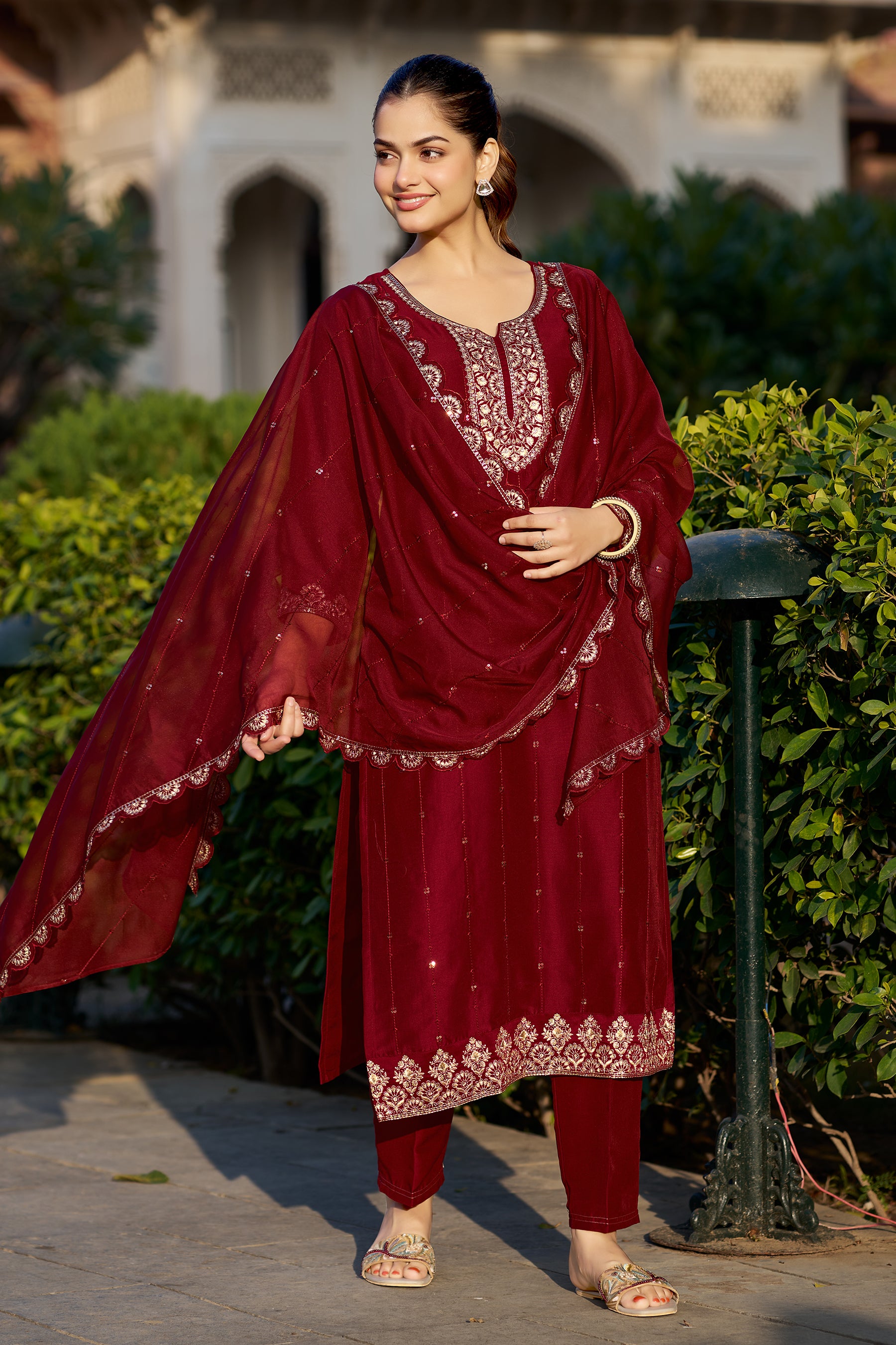 Maroon Embroidered Chinon Blend Straight Suit With Dupatta