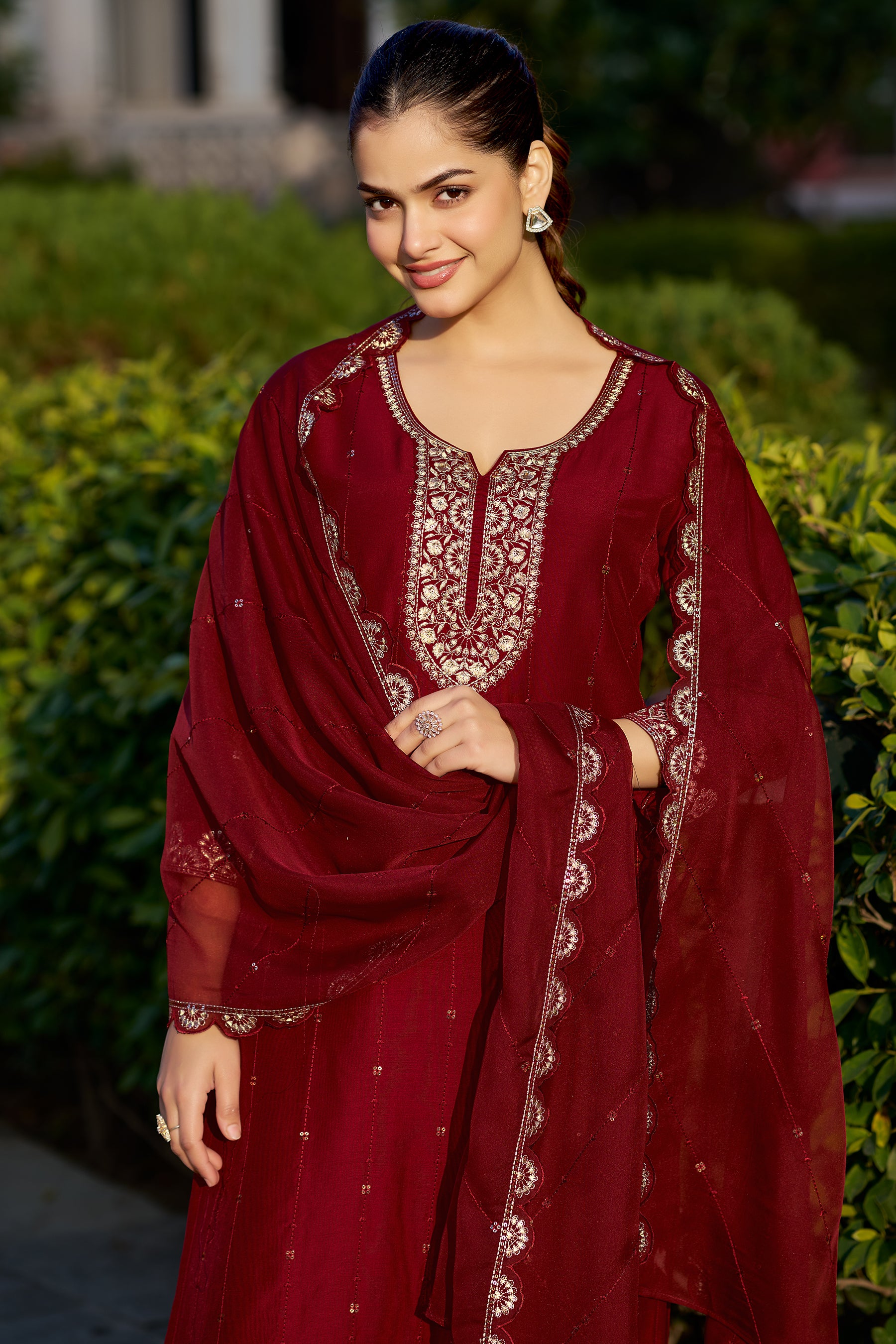 Maroon Embroidered Chinon Blend Straight Suit With Dupatta