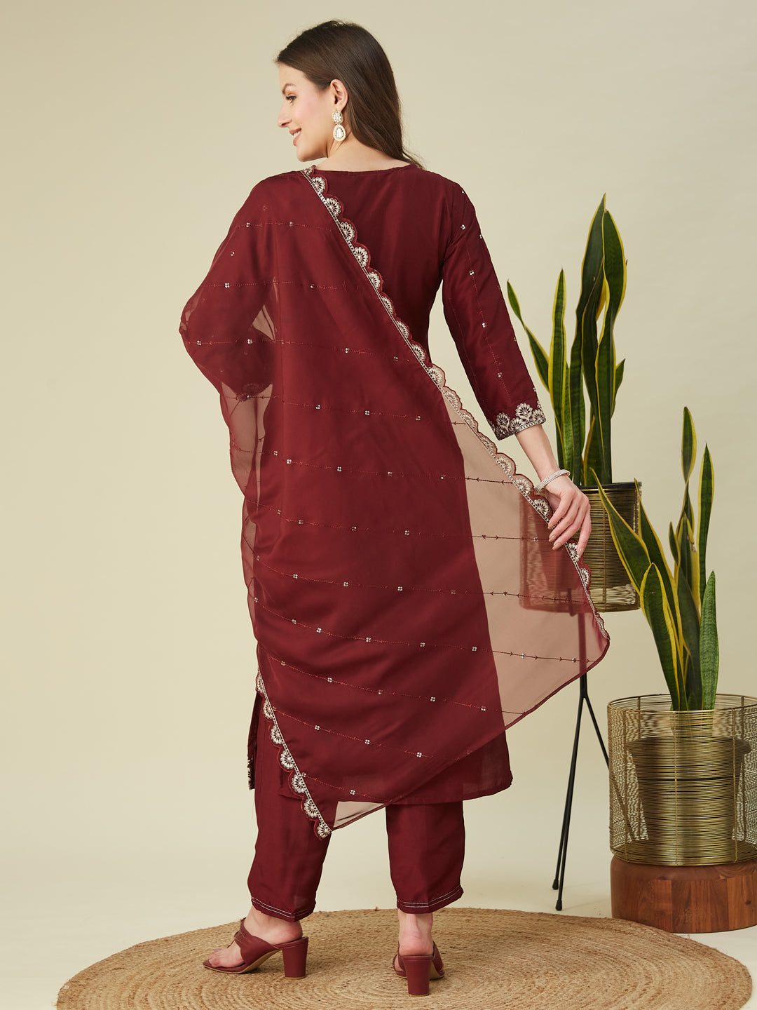 Maroon Embroidered Chinon Blend Straight Suit With Dupatta