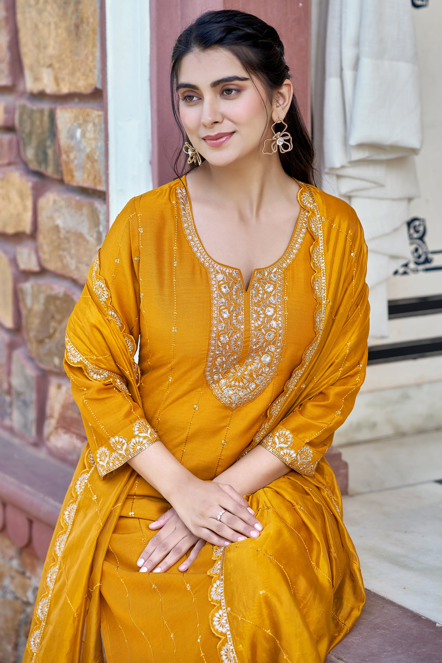 Mustard Embroidered Chinon Blend Straight Suit With Dupatta