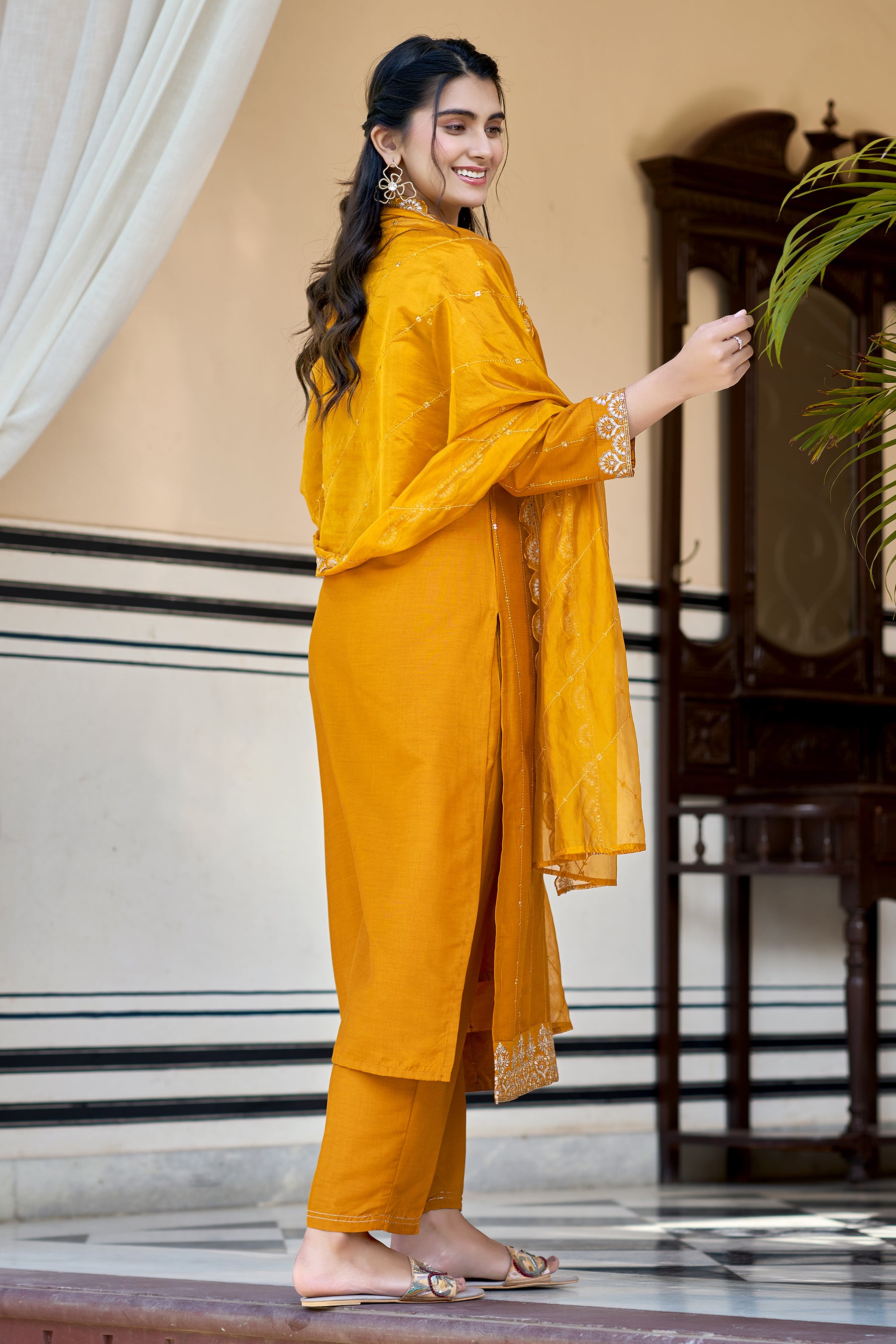 Mustard Embroidered Chinon Blend Straight Suit With Dupatta