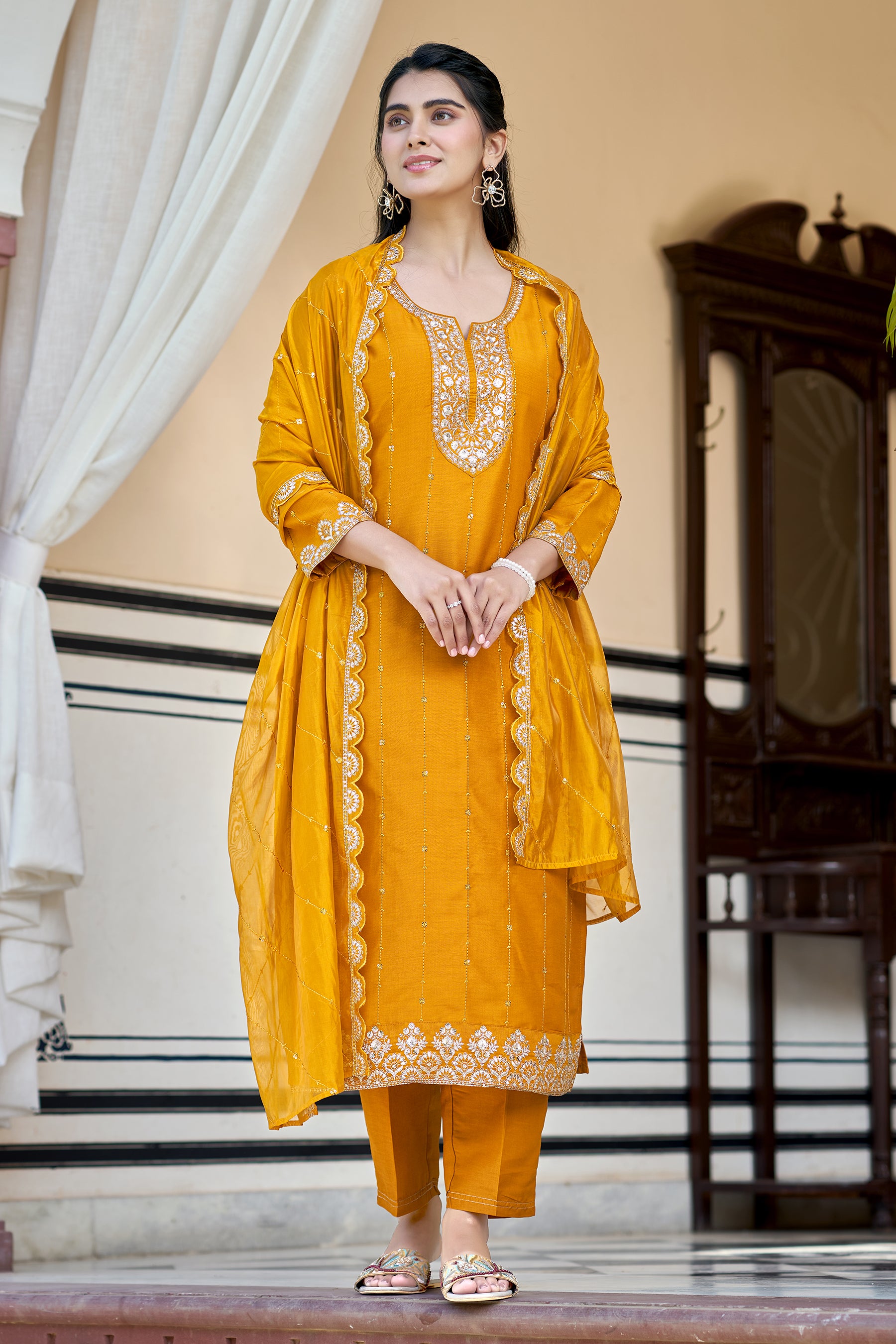 Mustard Embroidered Chinon Blend Straight Suit With Dupatta