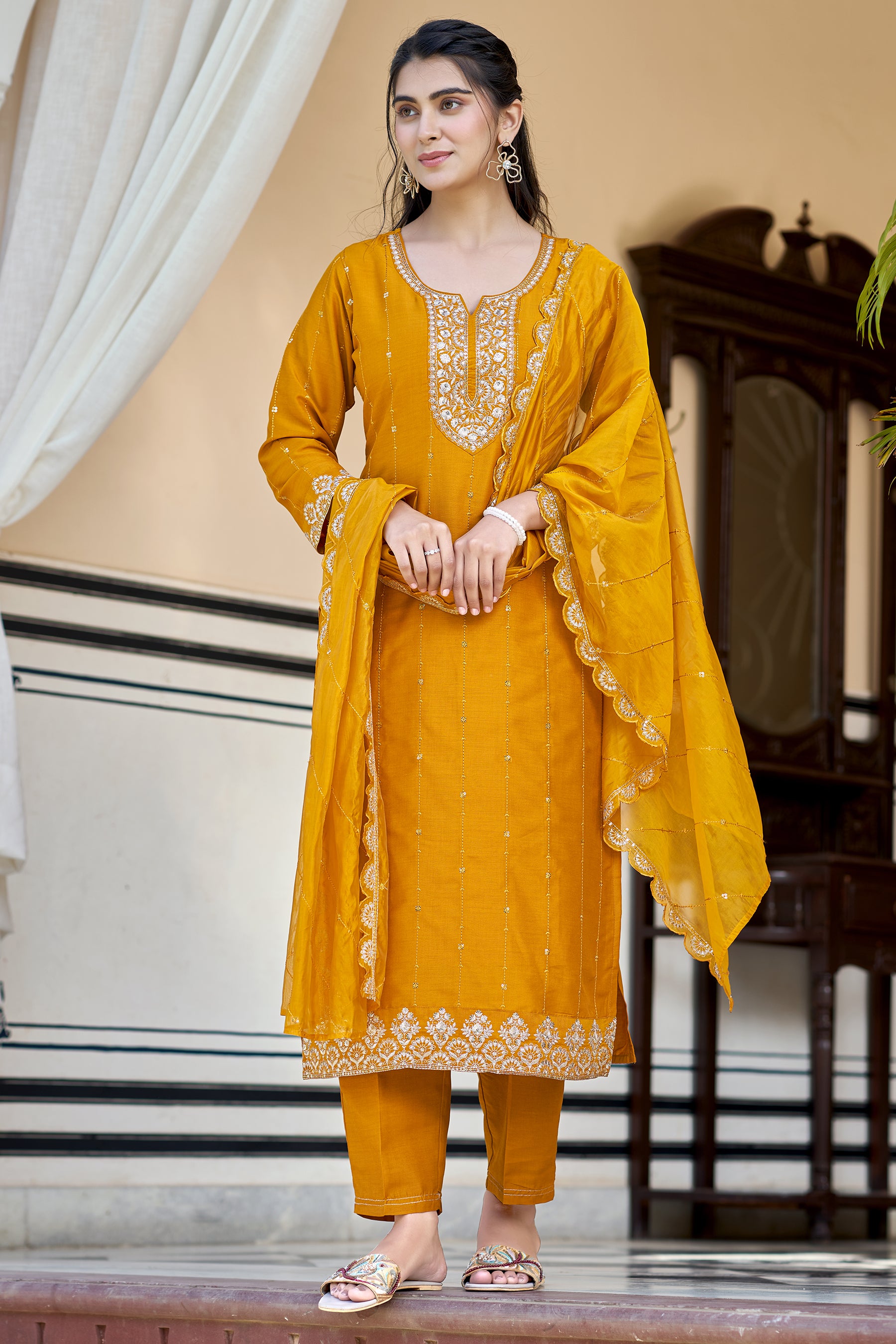 Mustard Embroidered Chinon Blend Straight Suit With Dupatta