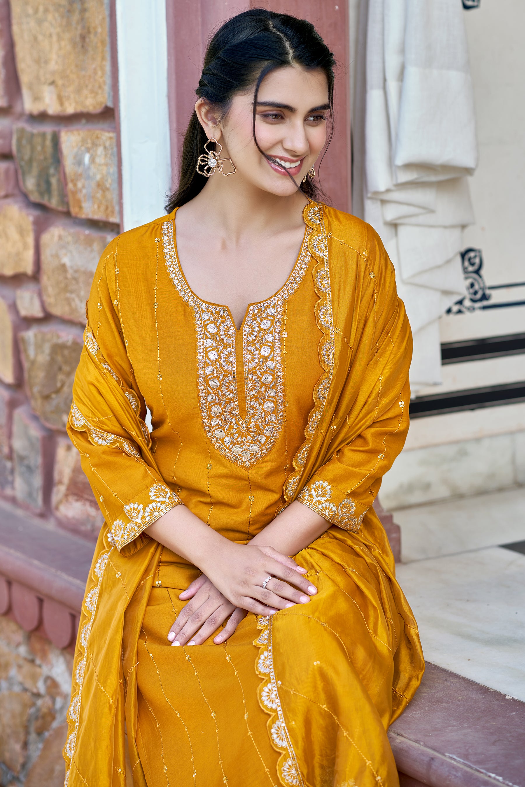 Mustard Embroidered Chinon Blend Straight Suit With Dupatta