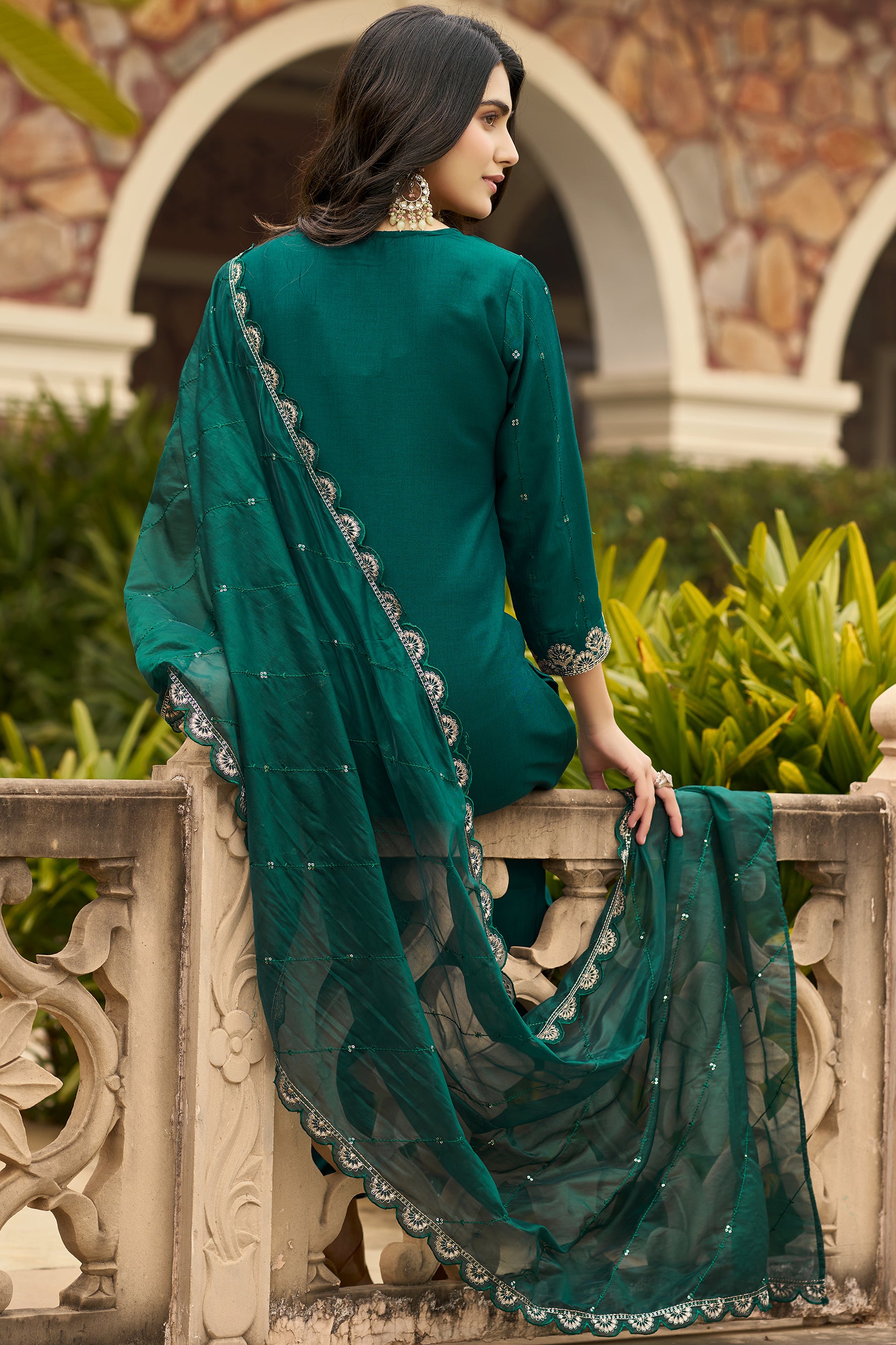 Green Embroidered Chinon Blend Straight Suit With Dupatta