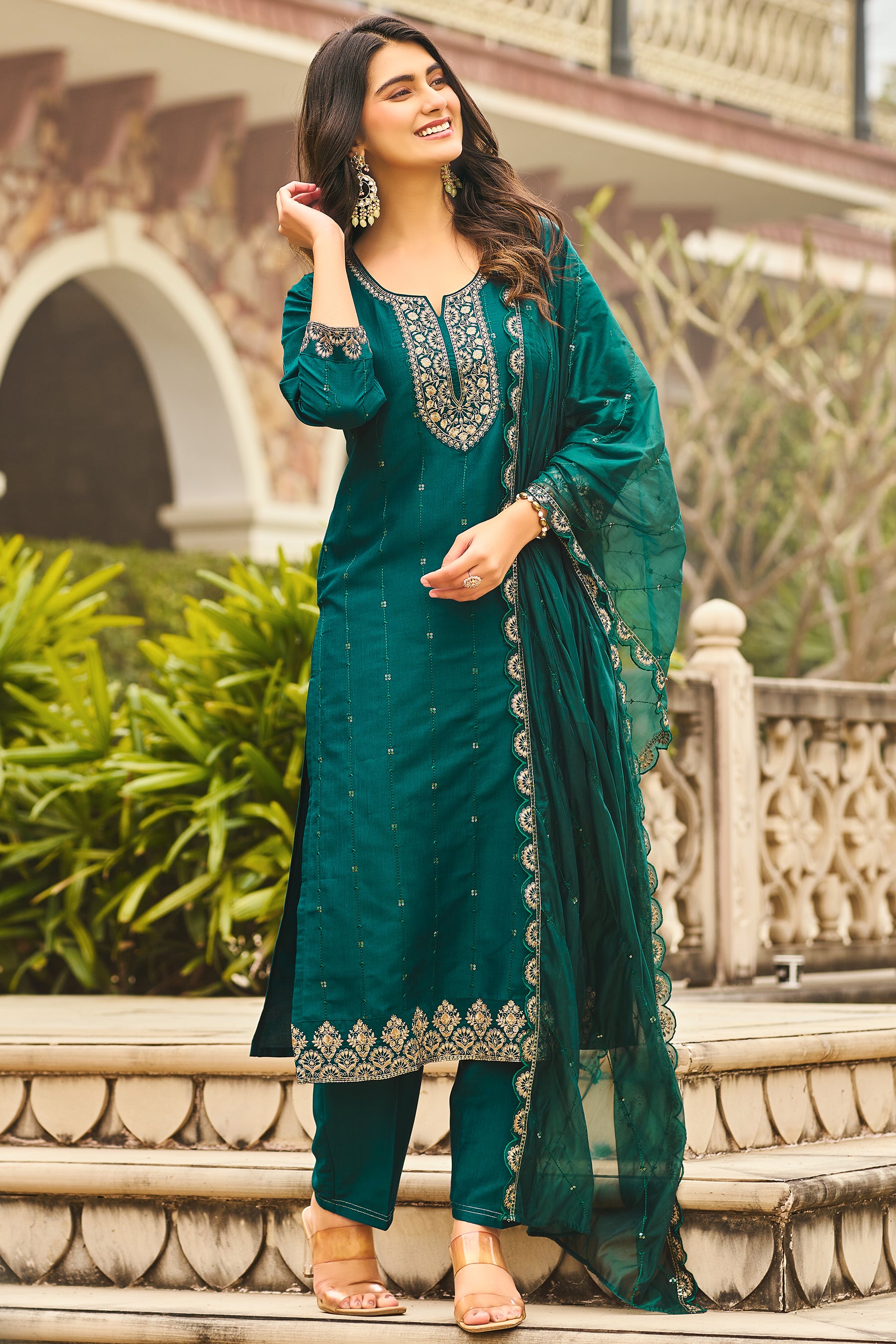 Green Embroidered Chinon Blend Straight Suit With Dupatta