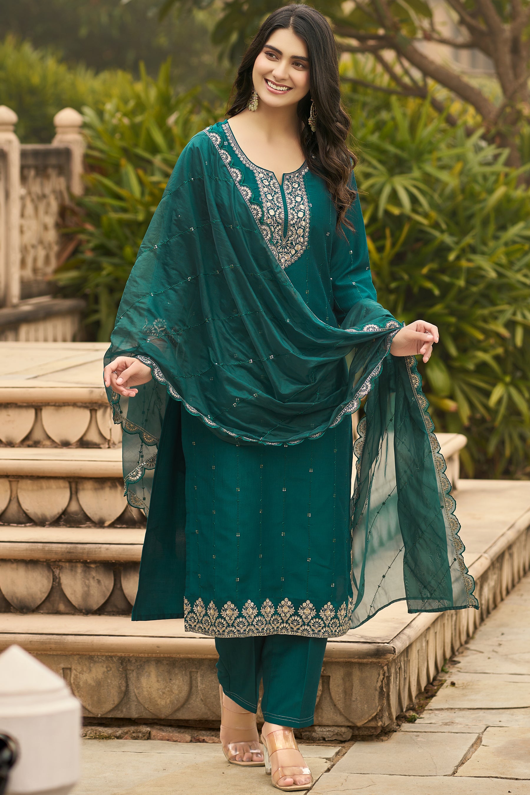 Green Embroidered Chinon Blend Straight Suit With Dupatta