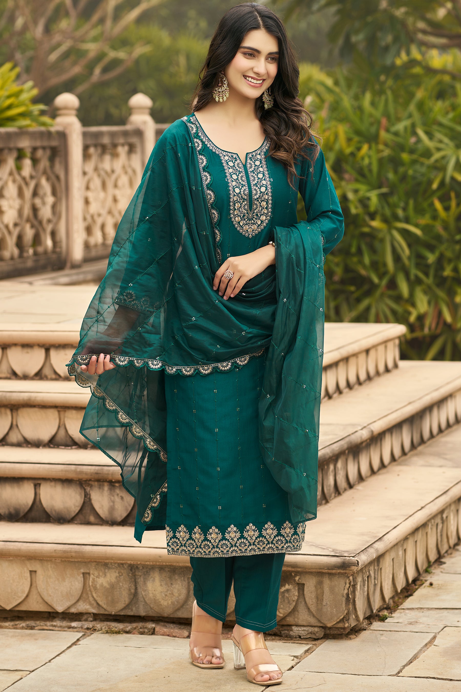 Green Embroidered Chinon Blend Straight Suit With Dupatta