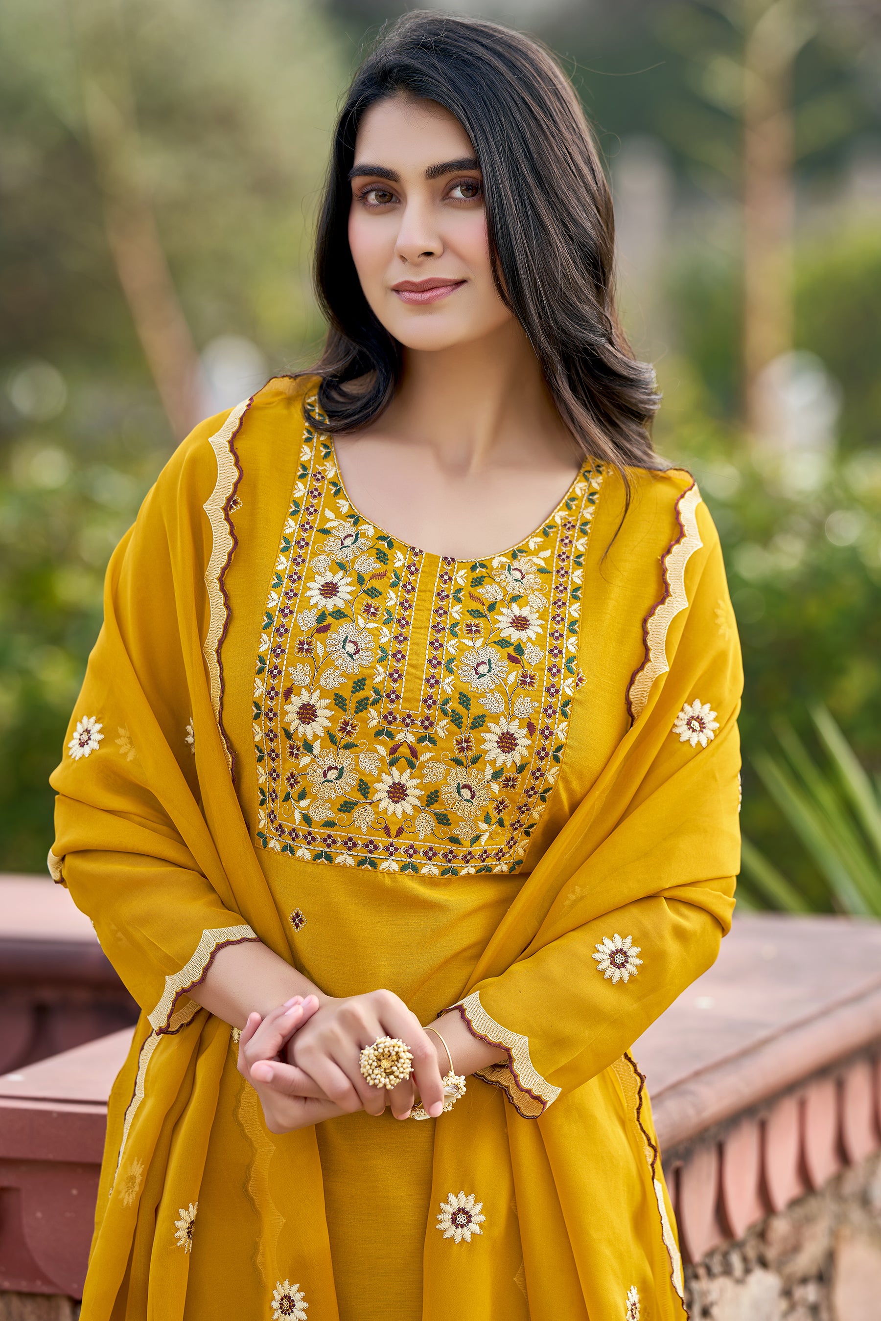 Mustard Yoke Design Velvet Straight Kurta Set With Dupatta