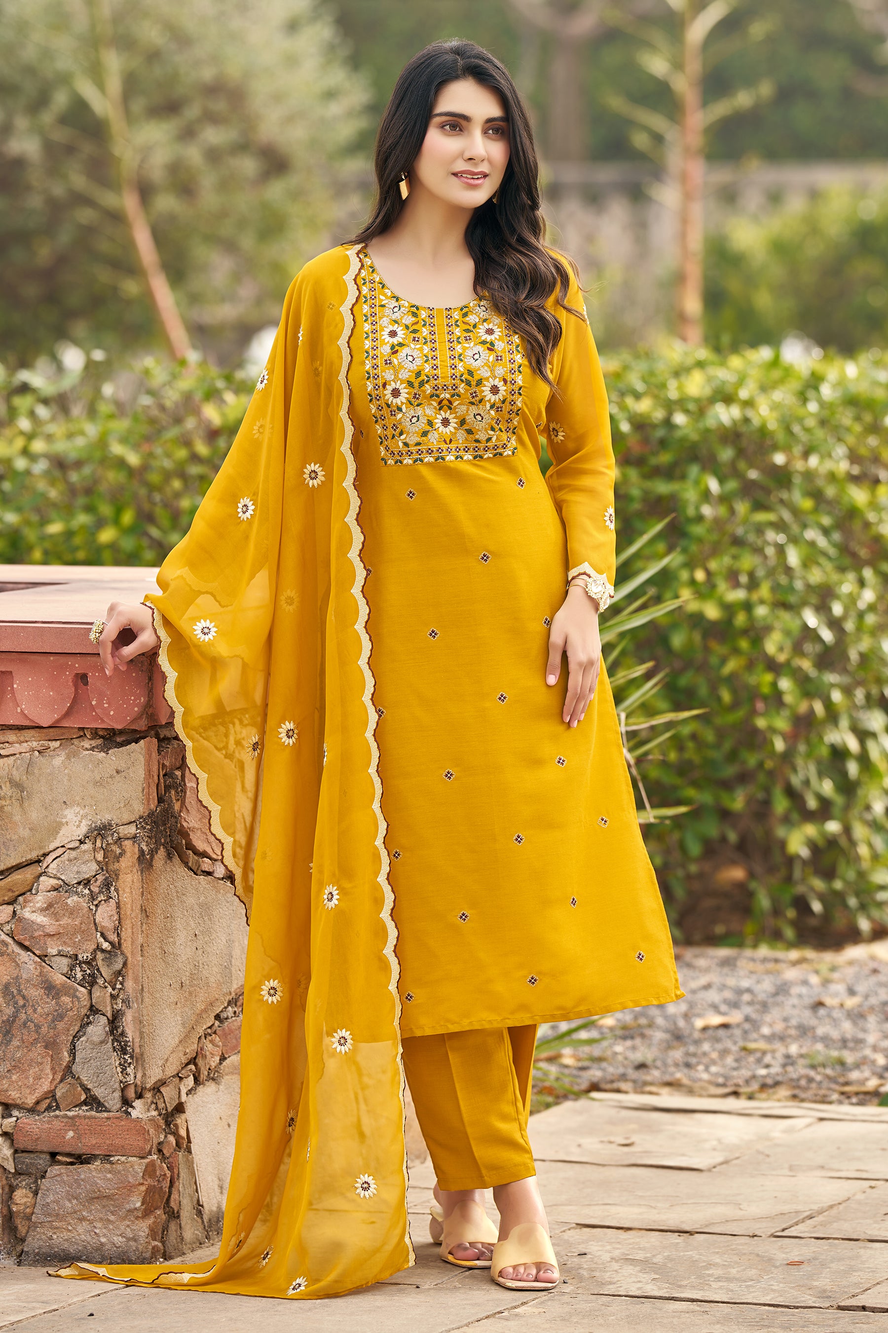 Mustard Yoke Design Velvet Straight Kurta Set With Dupatta