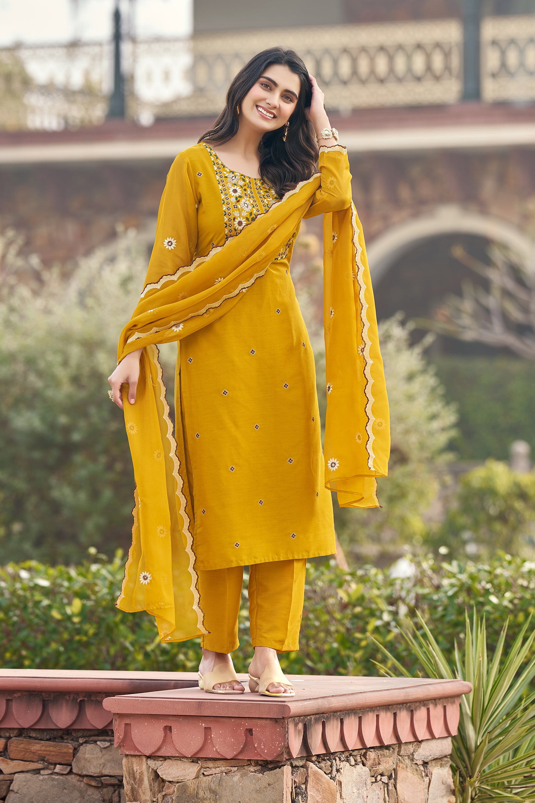 Mustard Yoke Design Velvet Straight Kurta Set With Dupatta