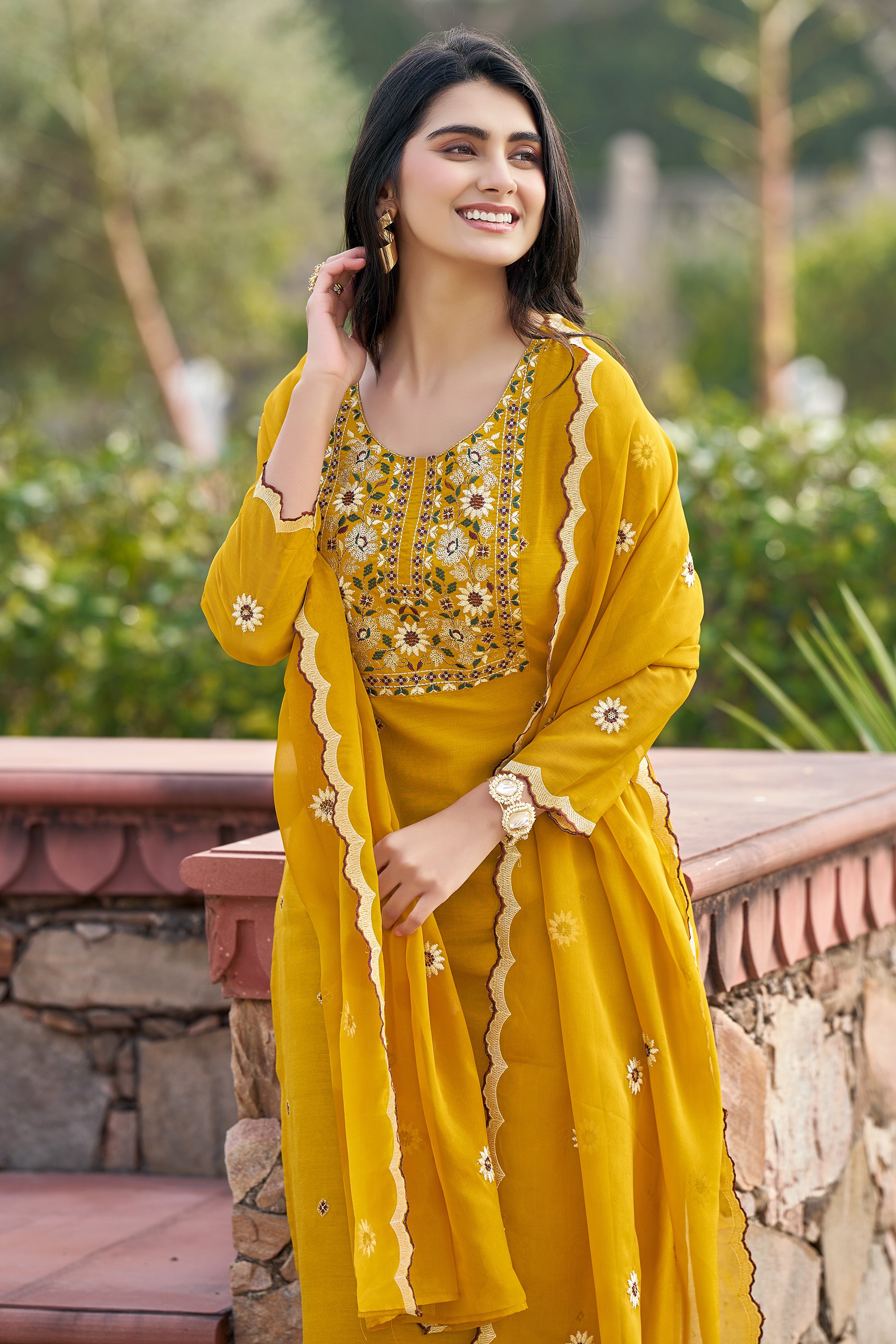 Mustard Yoke Design Velvet Straight Kurta Set With Dupatta