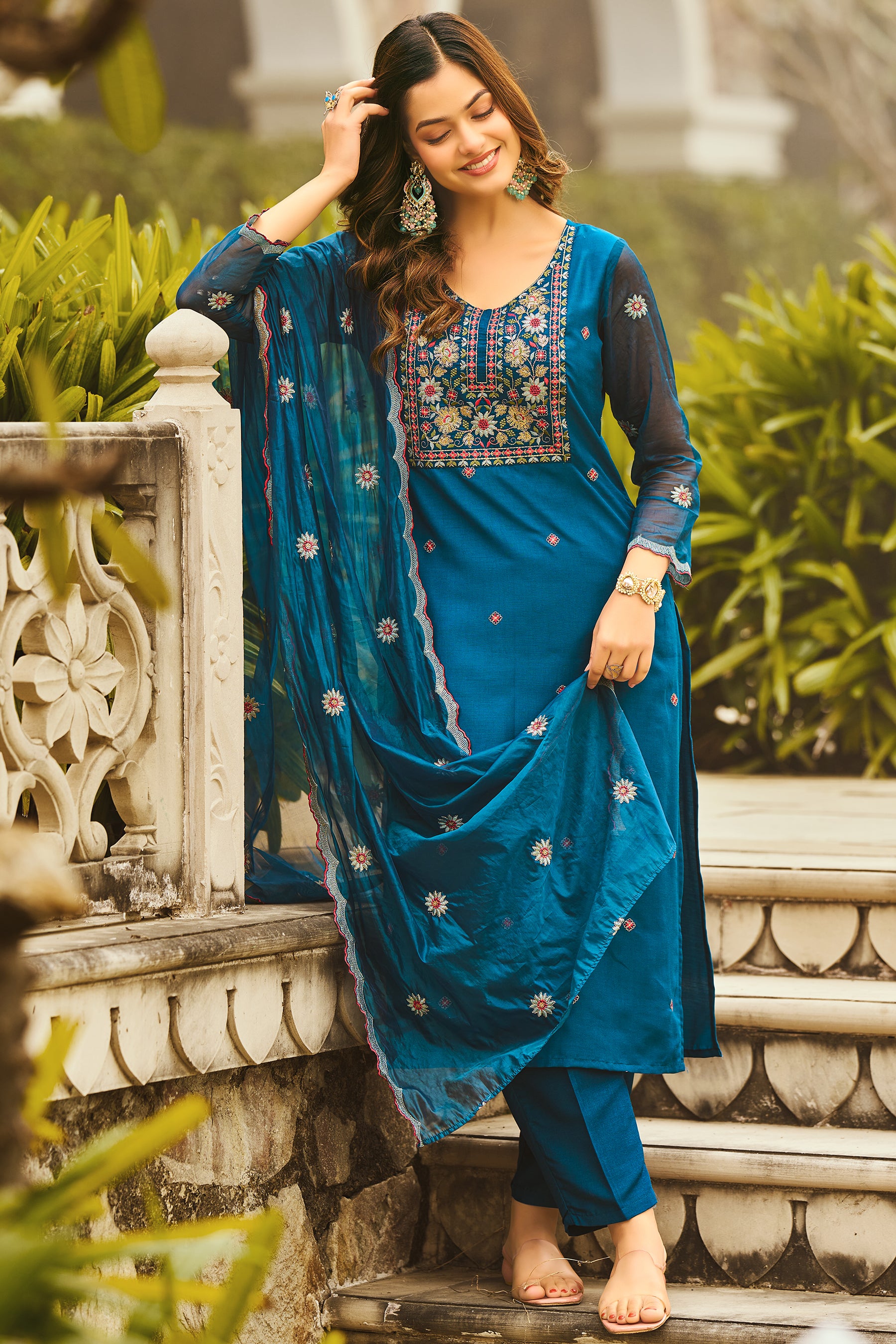 Teal Blue Yoke Design Velvet Straight Kurta Set With Dupatta