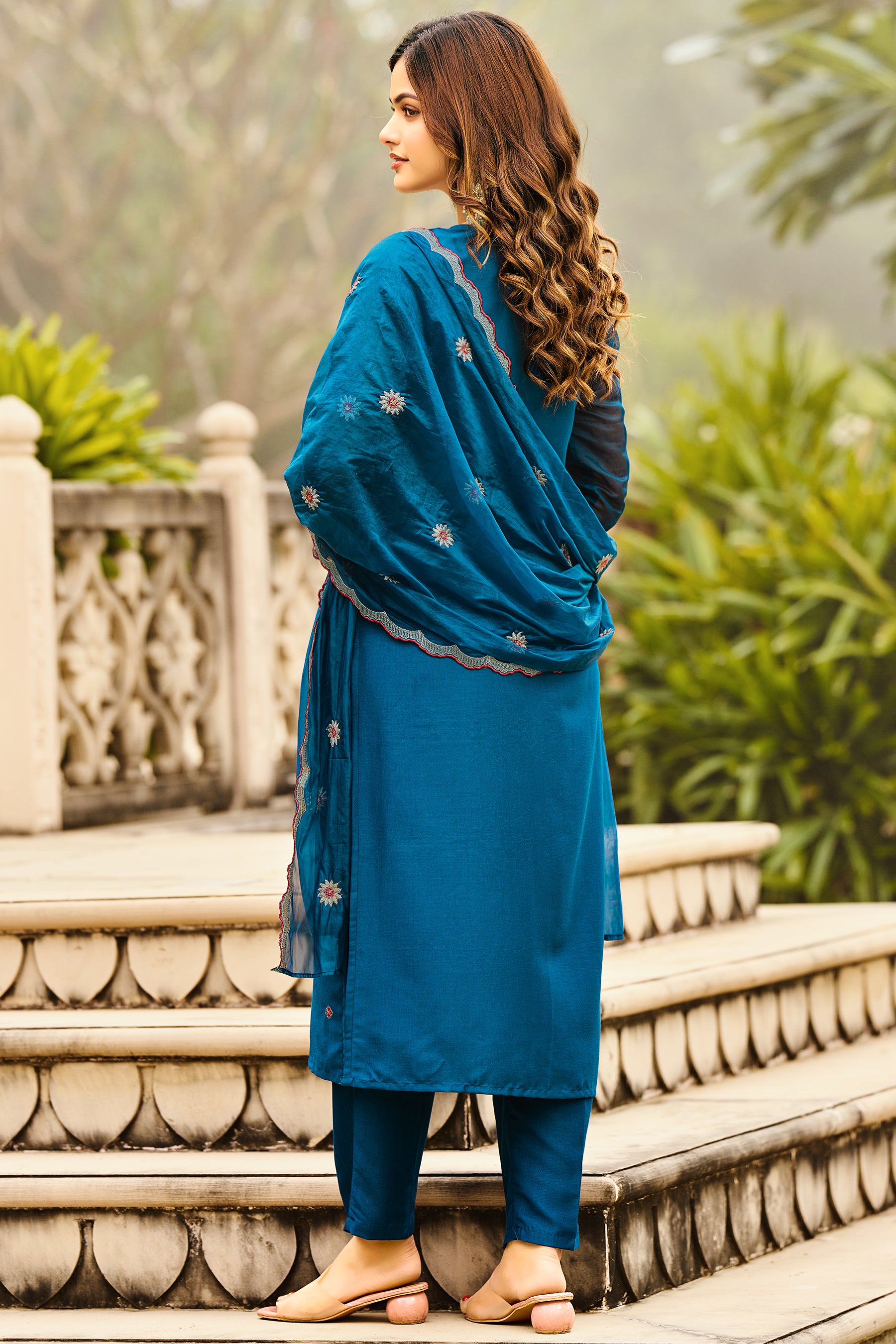 Teal Blue Yoke Design Velvet Straight Kurta Set With Dupatta