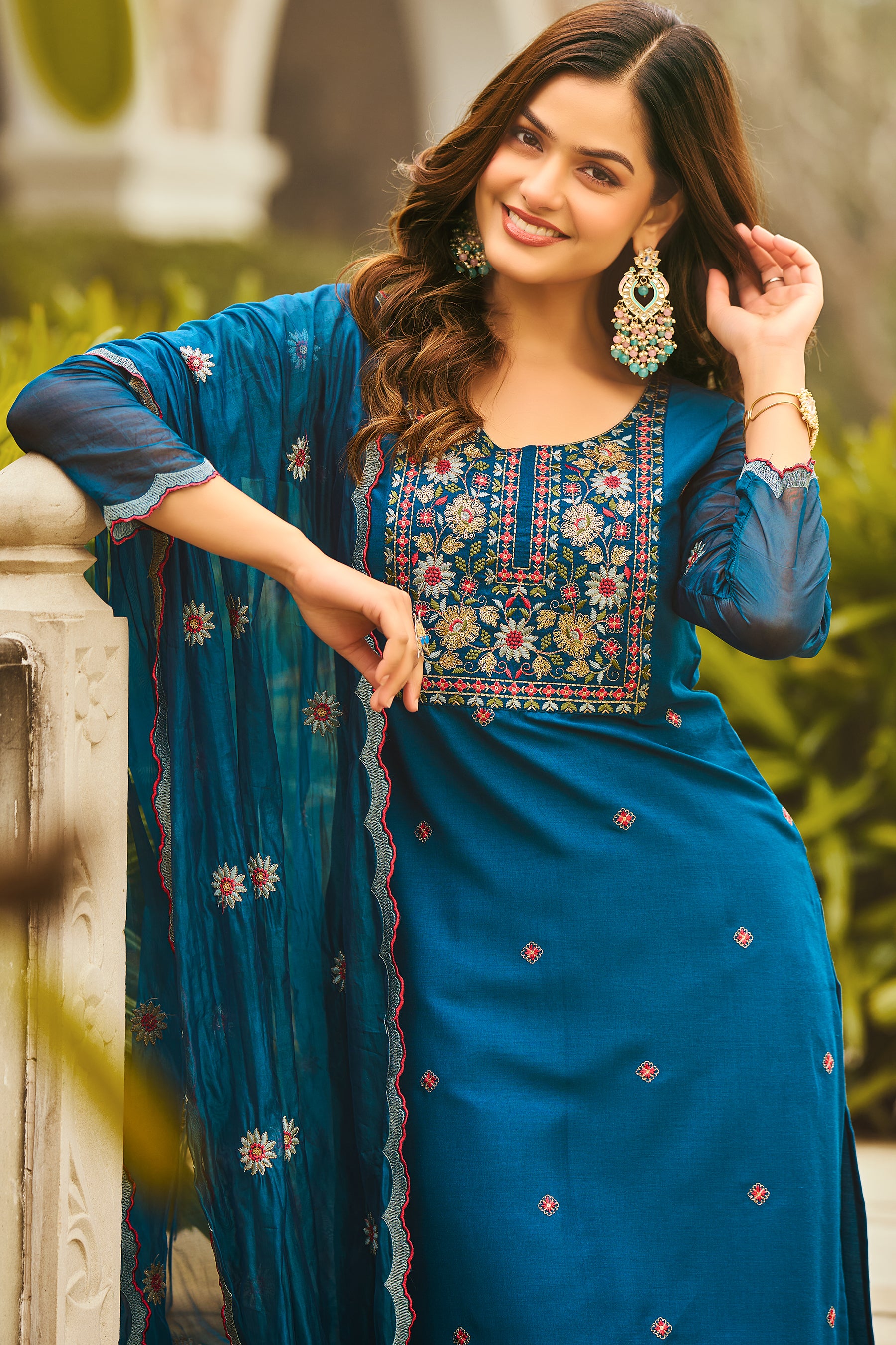 Teal Blue Yoke Design Velvet Straight Kurta Set With Dupatta