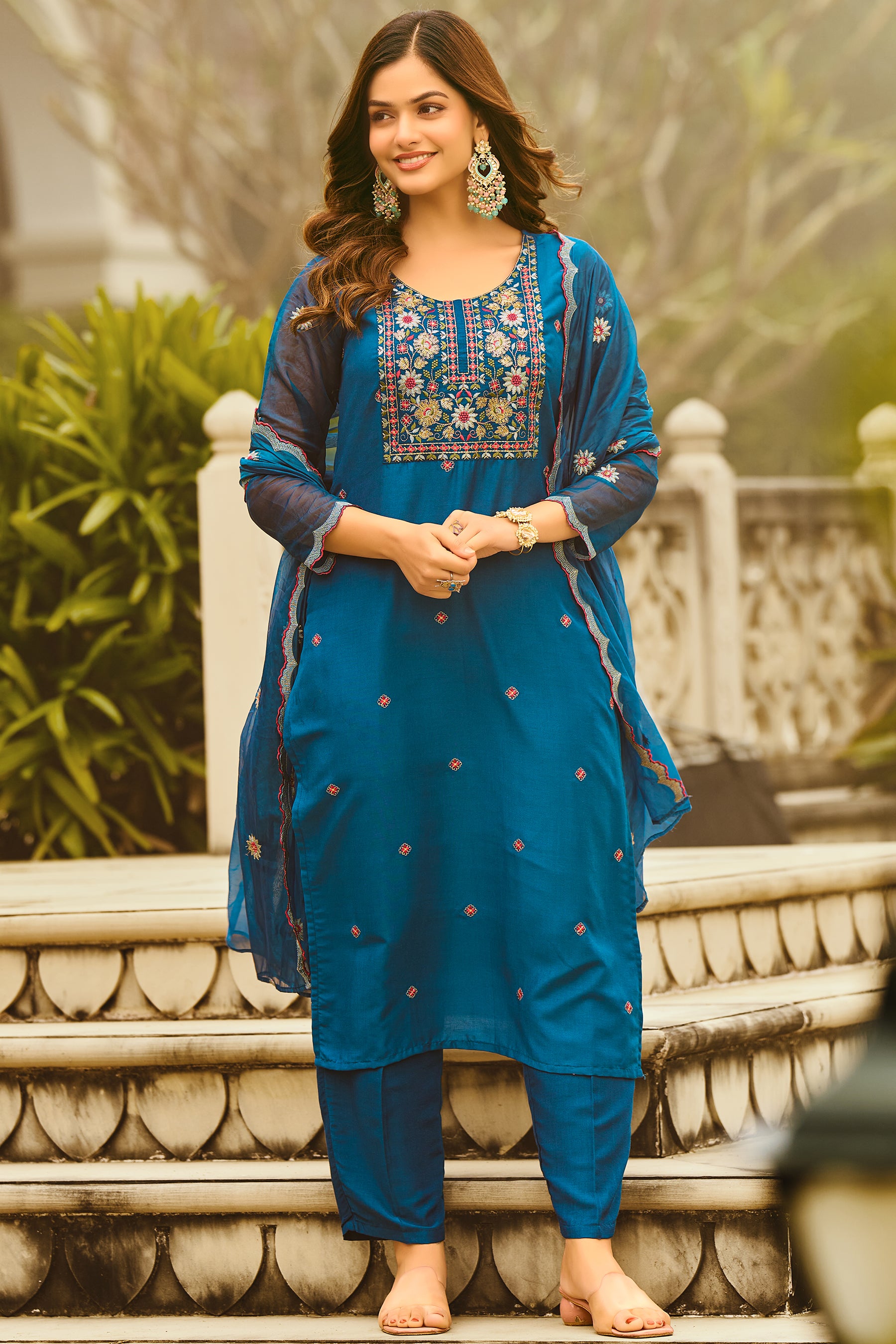 Teal Blue Yoke Design Velvet Straight Kurta Set With Dupatta