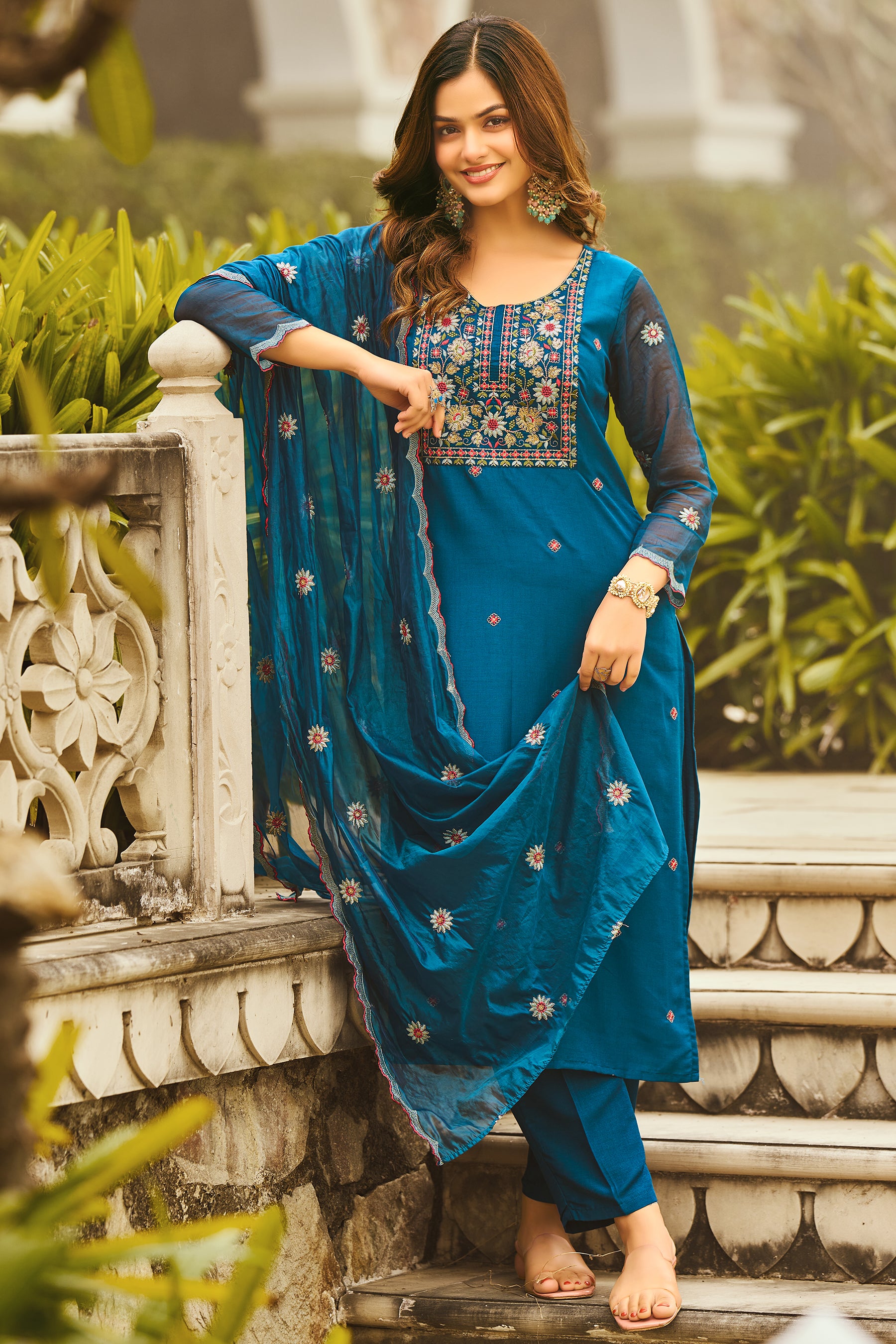 Teal Blue Yoke Design Velvet Straight Kurta Set With Dupatta