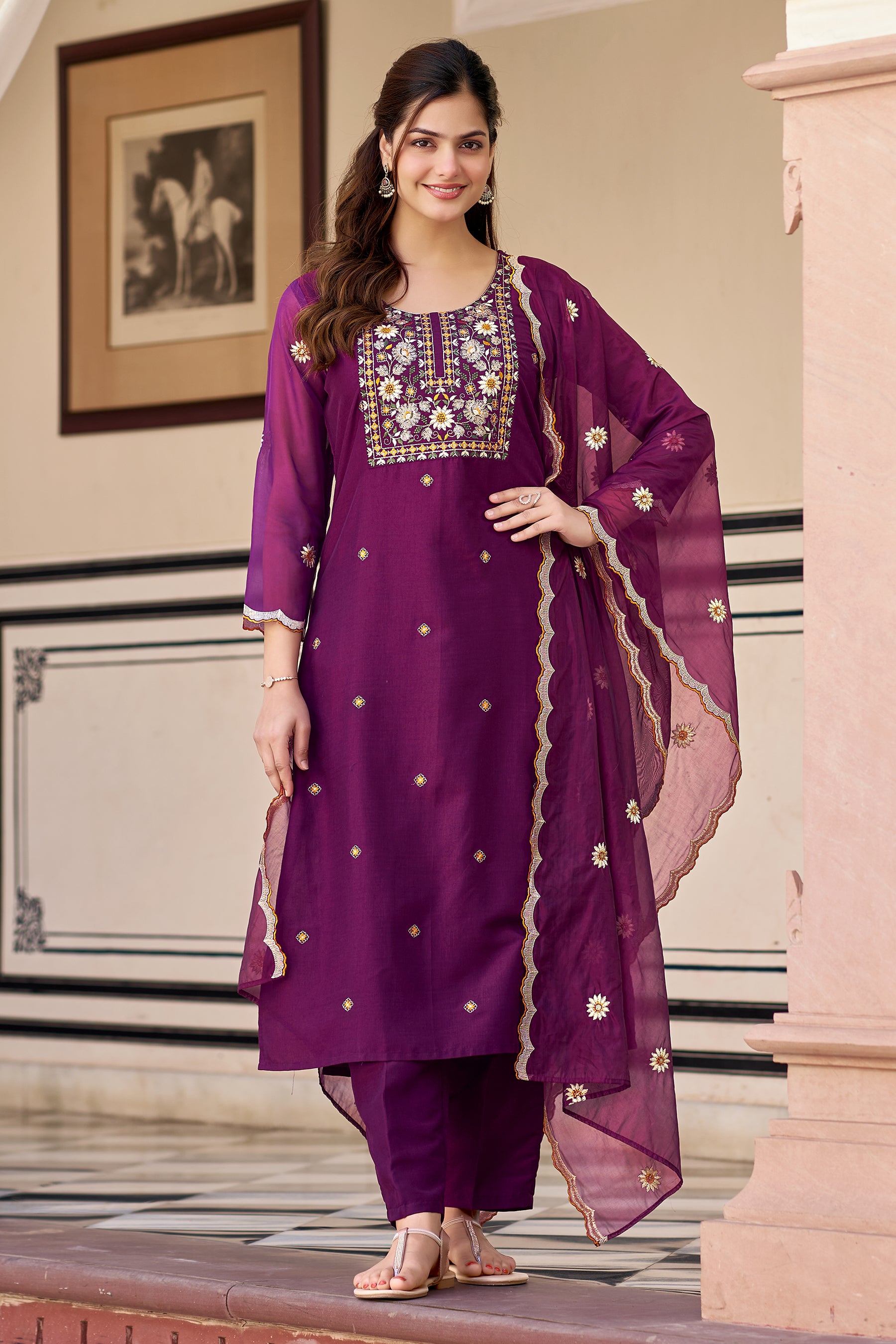 Wine Yoke Design Velvet Straight Kurta Set With Dupatta