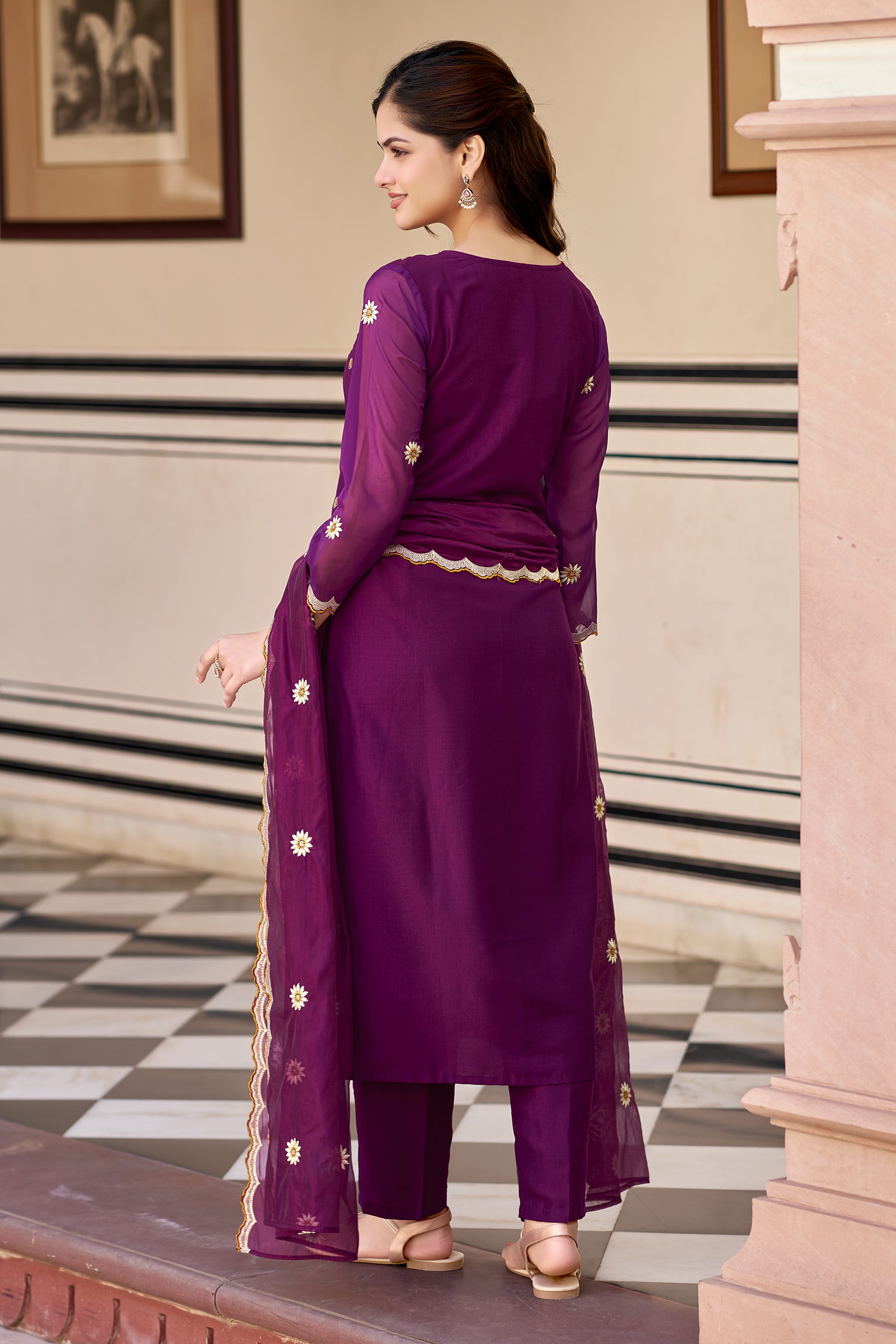 Wine Yoke Design Velvet Straight Kurta Set With Dupatta