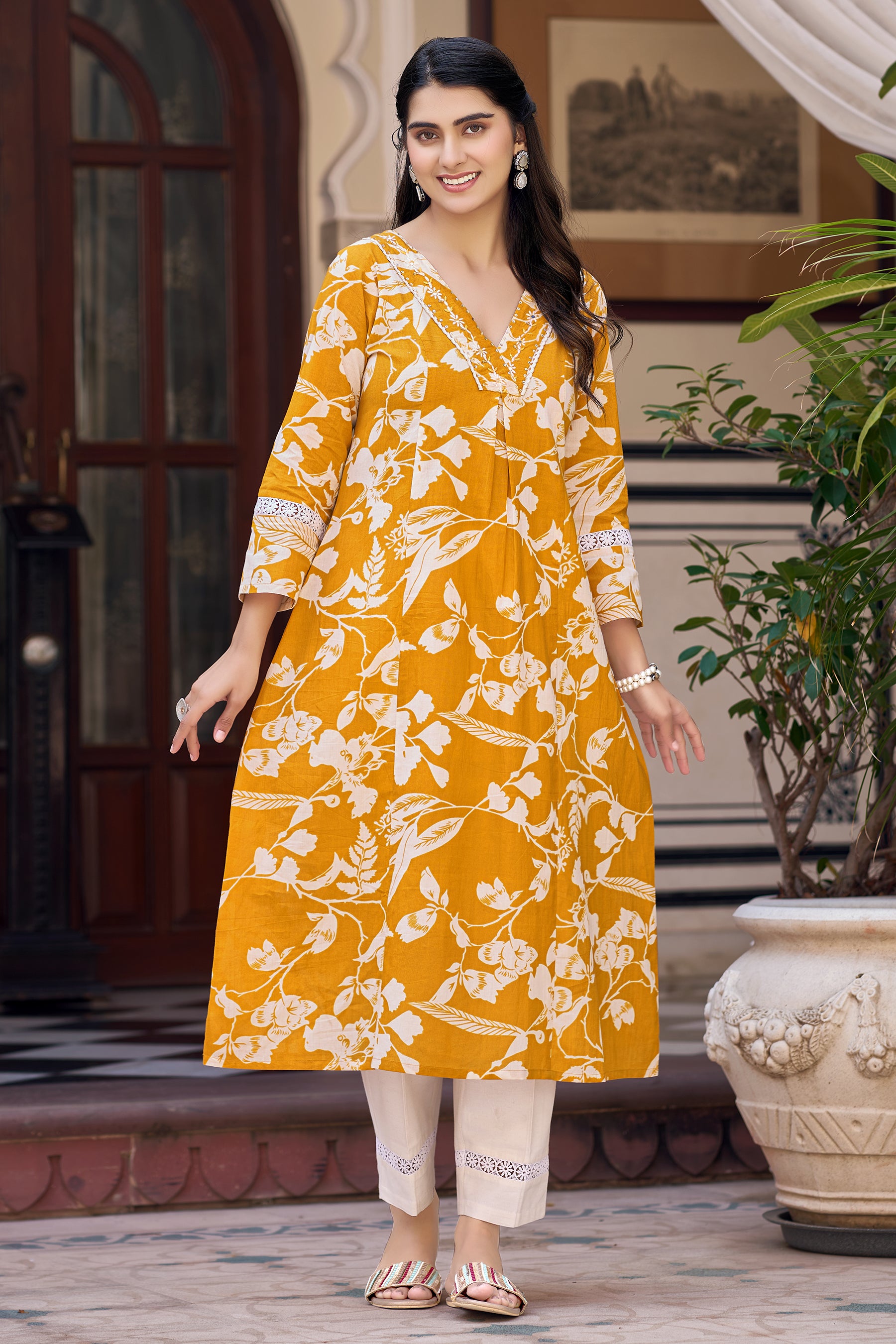 Mustard Cotton Handwork Printed Kurta Set