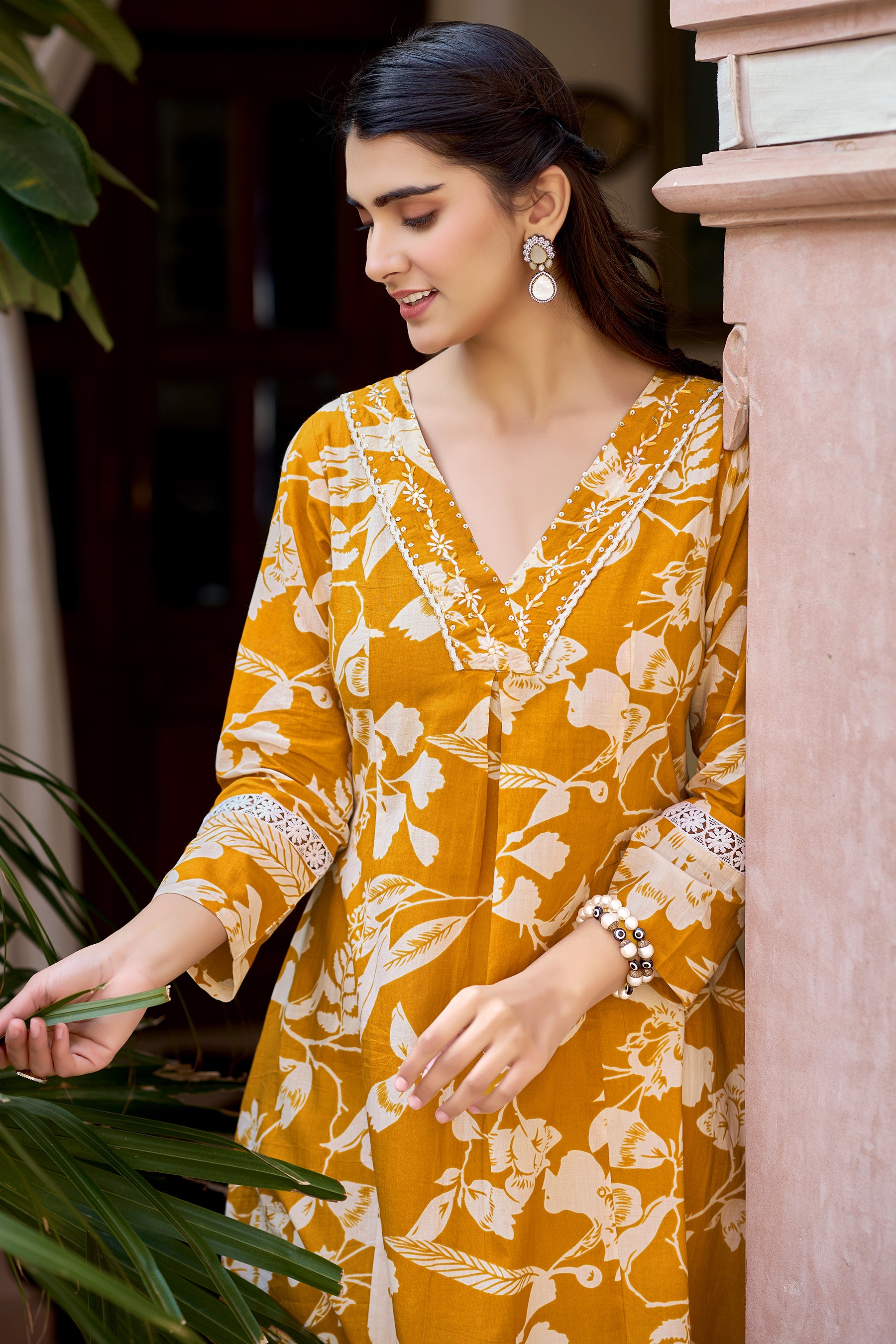 Mustard Cotton Handwork Printed Kurta Set