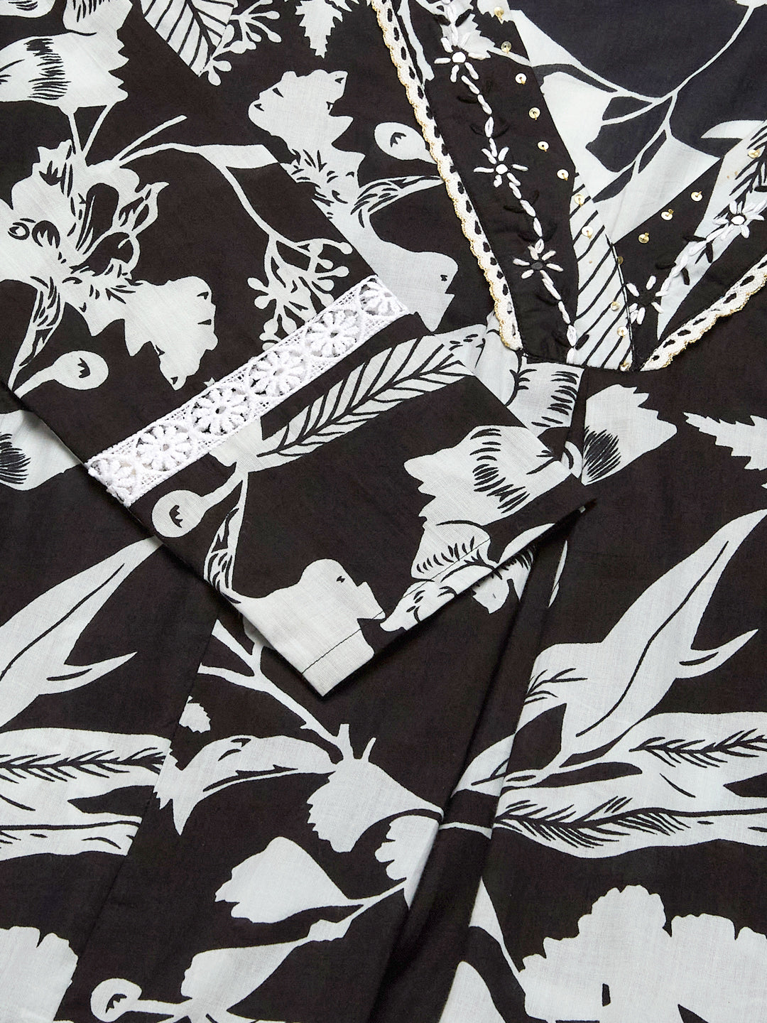 Black Cotton Handwork Printed Kurta Set