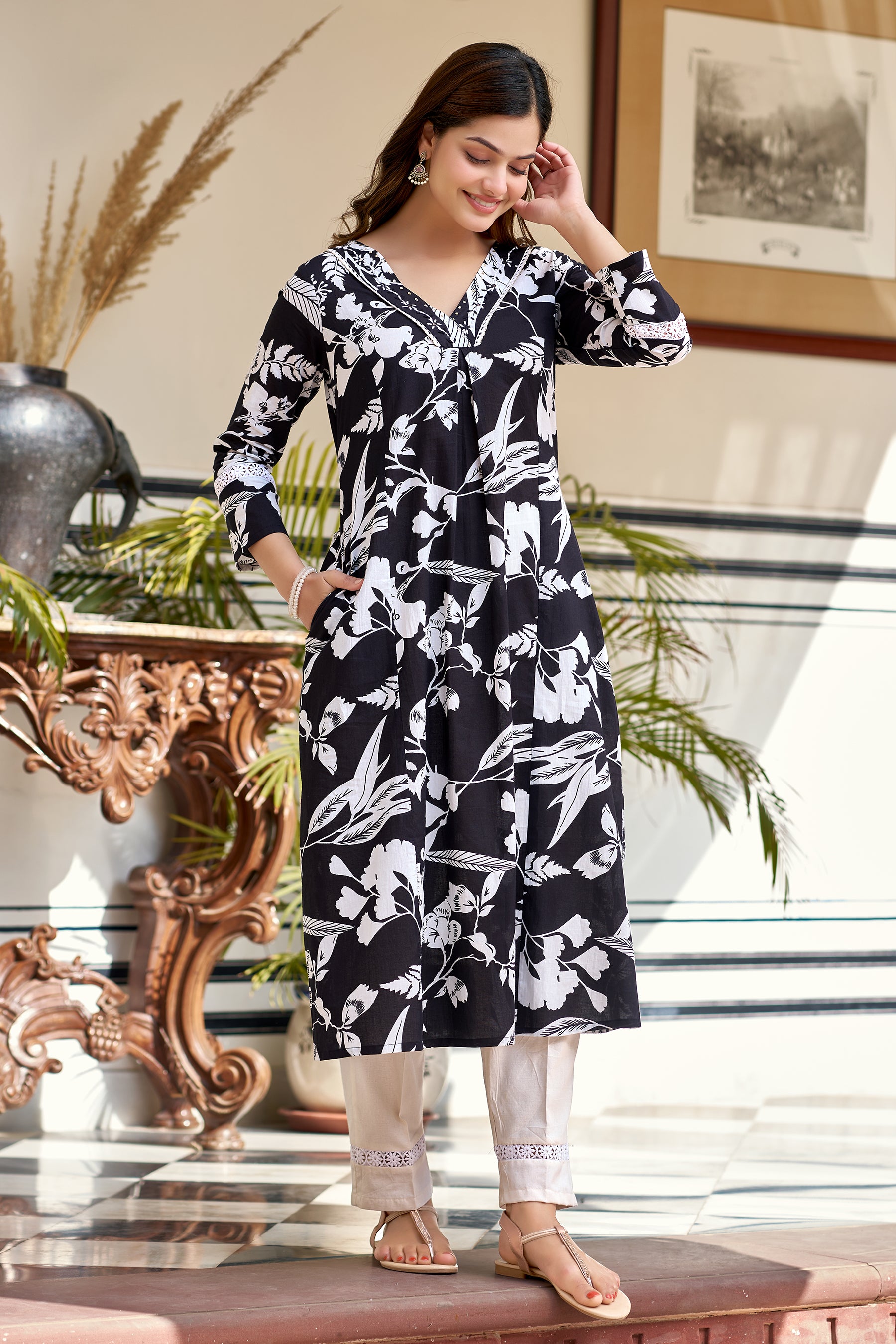 Black Cotton Handwork Printed Kurta Set