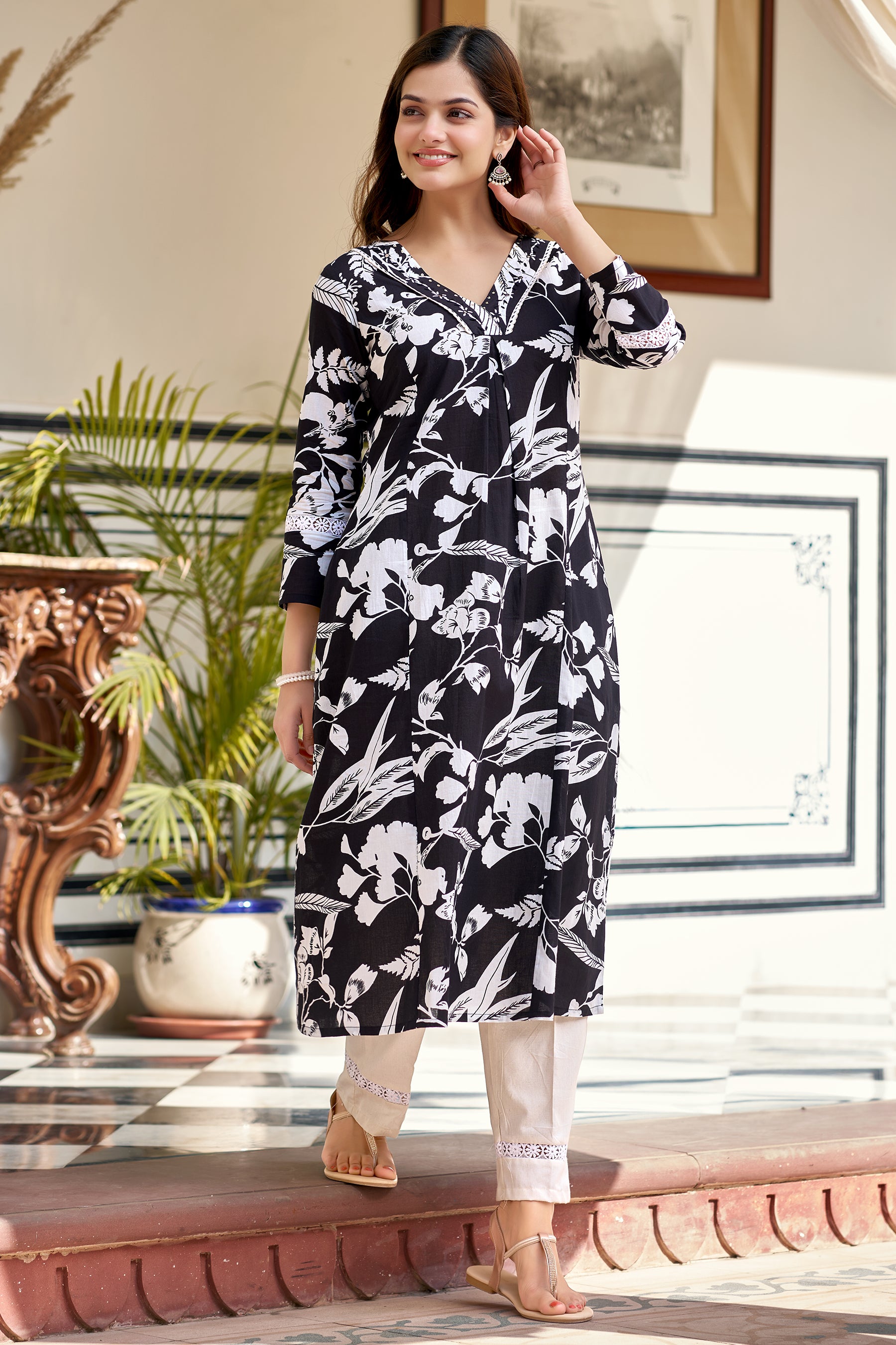 Black Cotton Handwork Printed Kurta Set