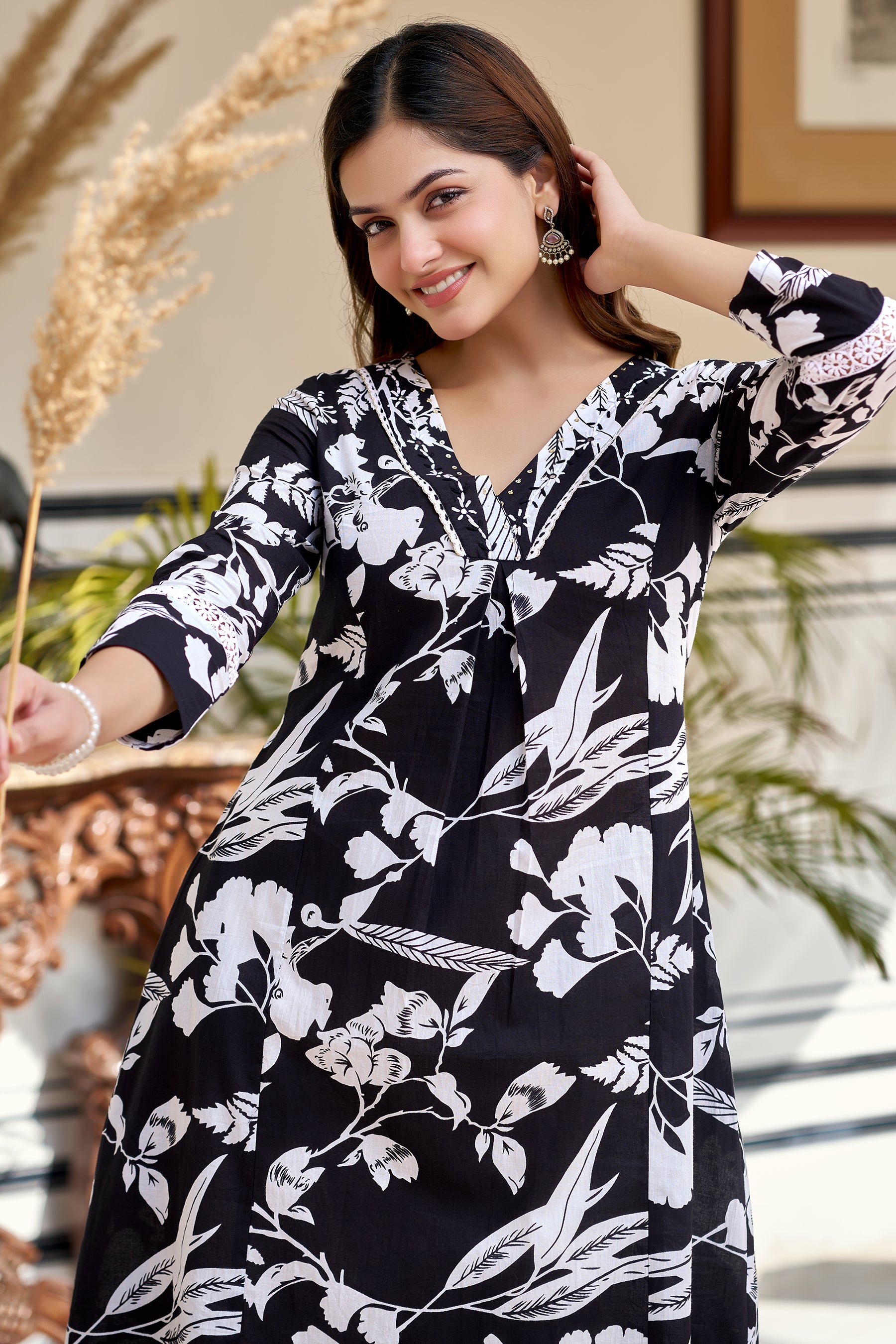 Black Cotton Handwork Printed Kurta Set