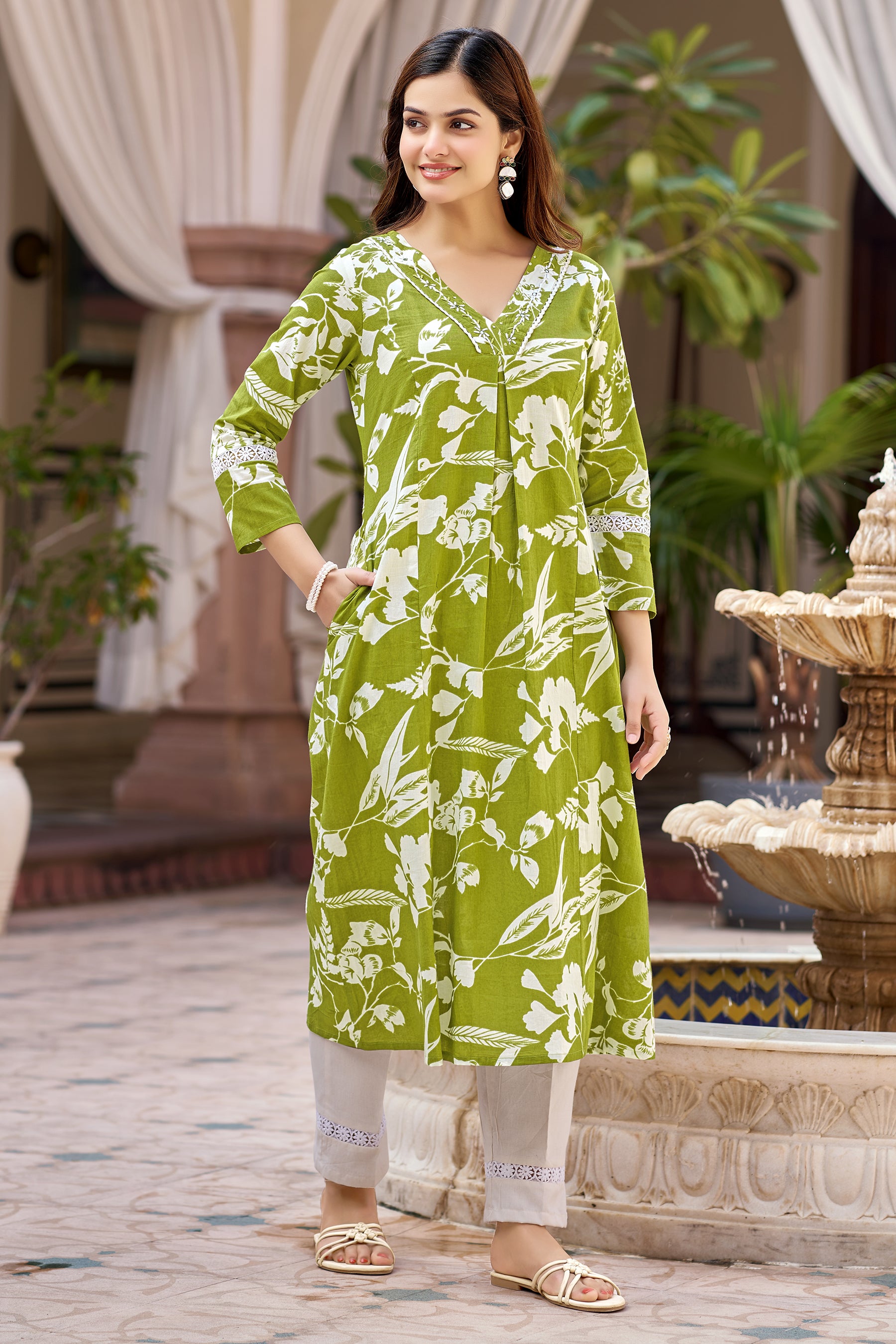 Green Cotton Handwork Printed Kurta Set