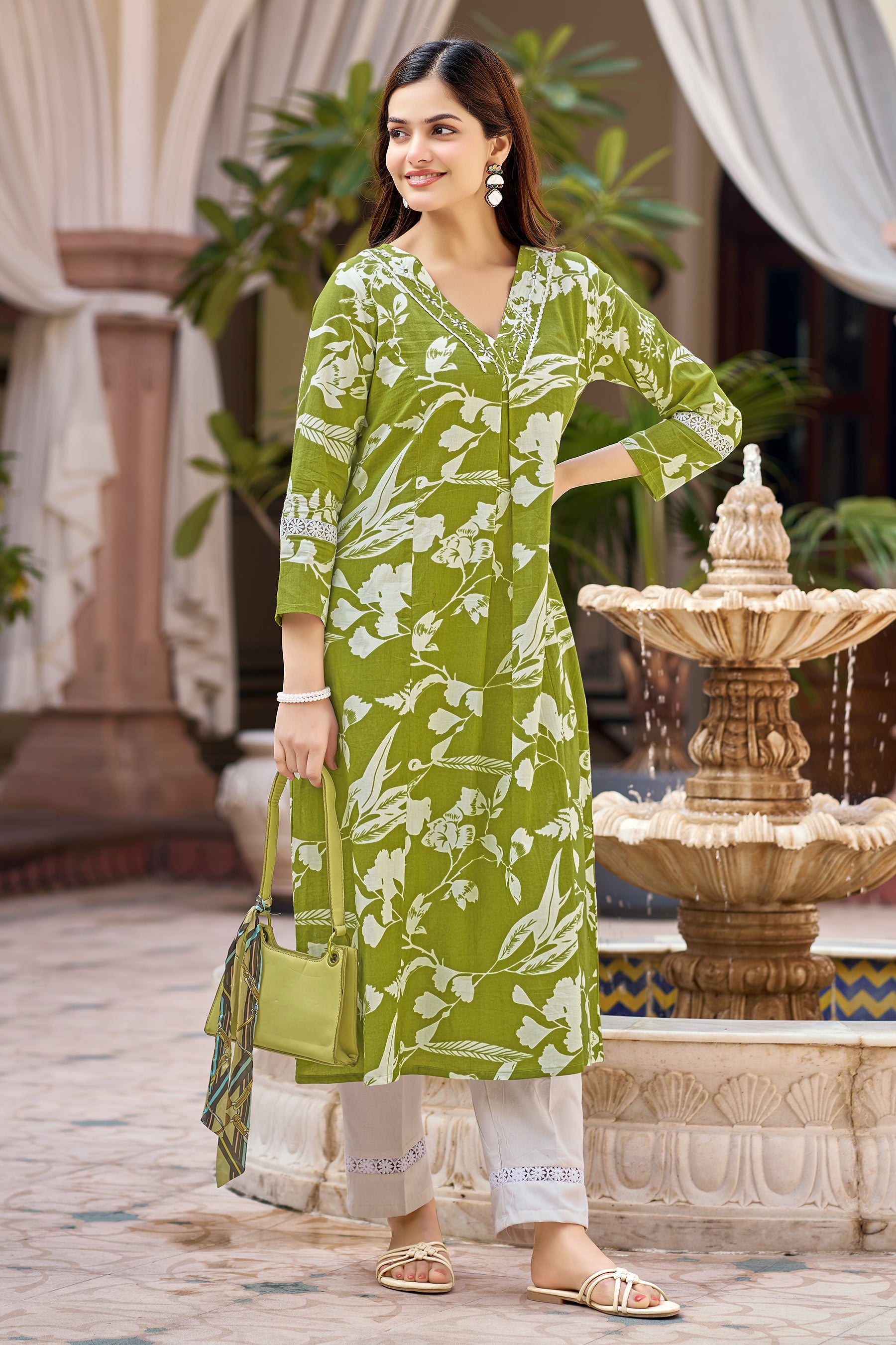 Green Cotton Handwork Printed Kurta Set