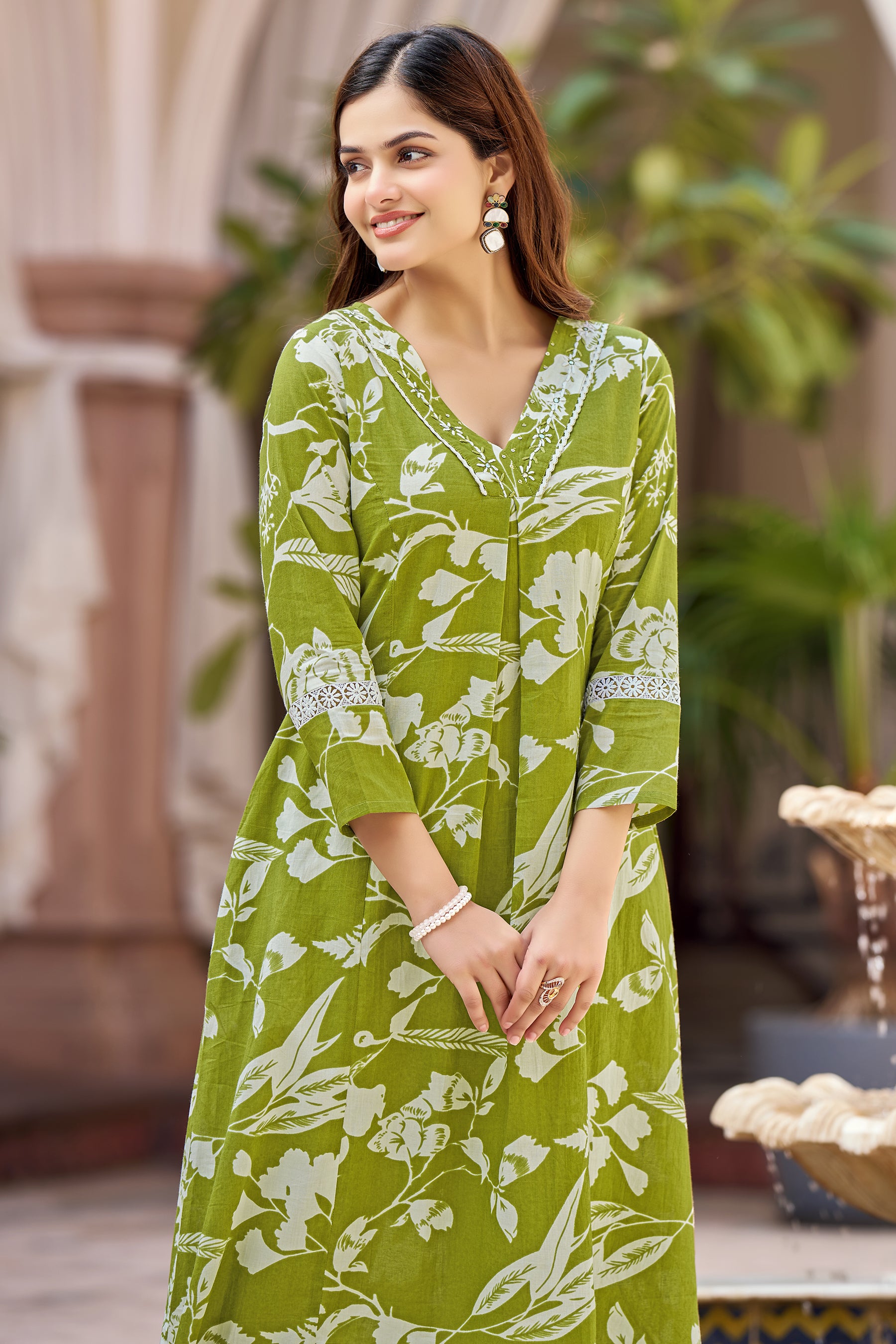 Green Cotton Handwork Printed Kurta Set