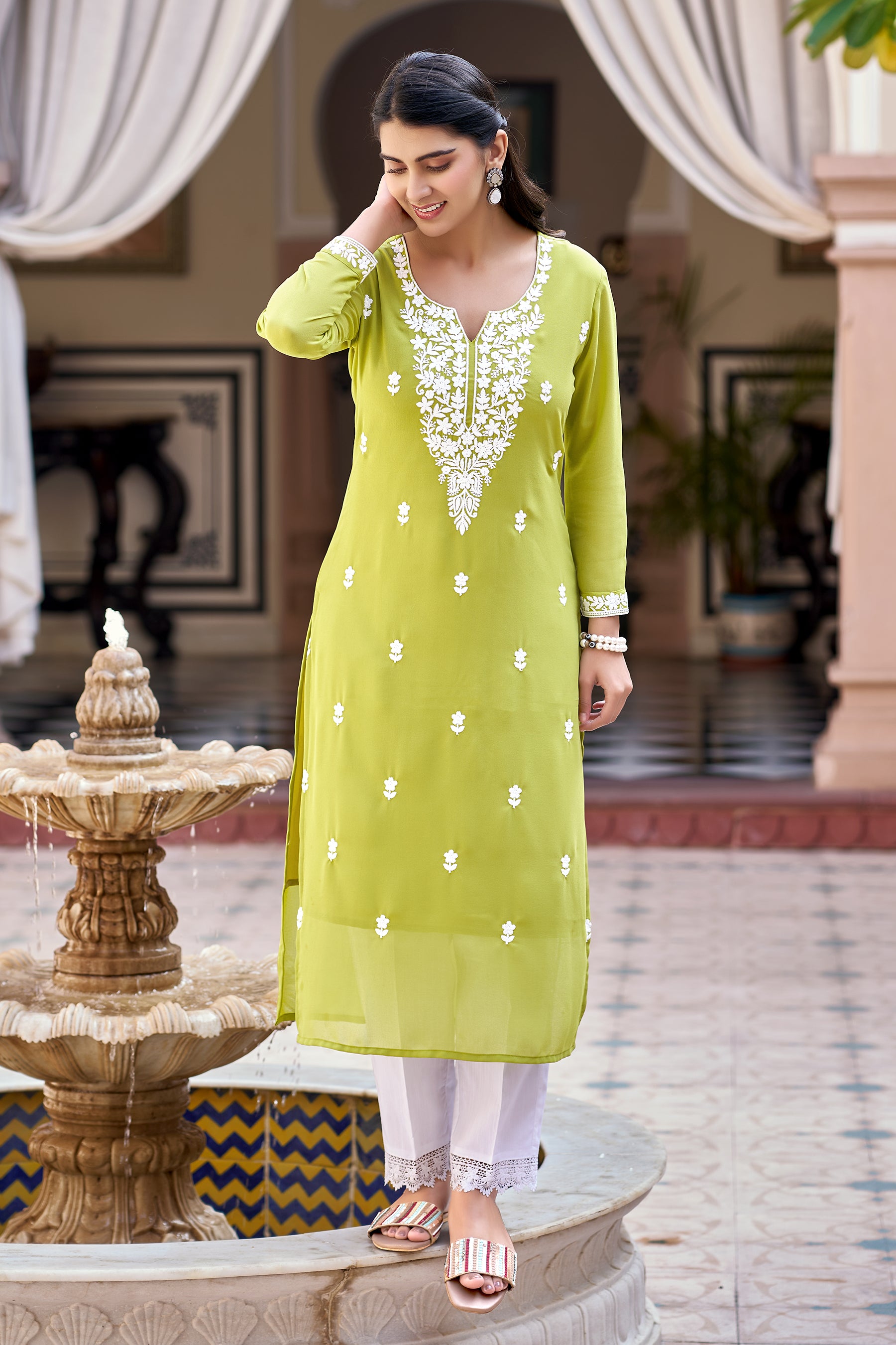 Pista Solid Embroidered Georgette Straight Kurta Set