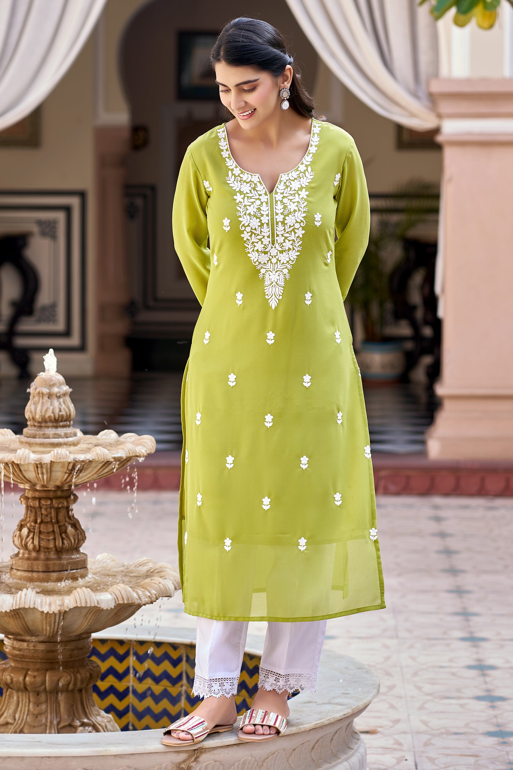 Pista Solid Embroidered Georgette Straight Kurta Set