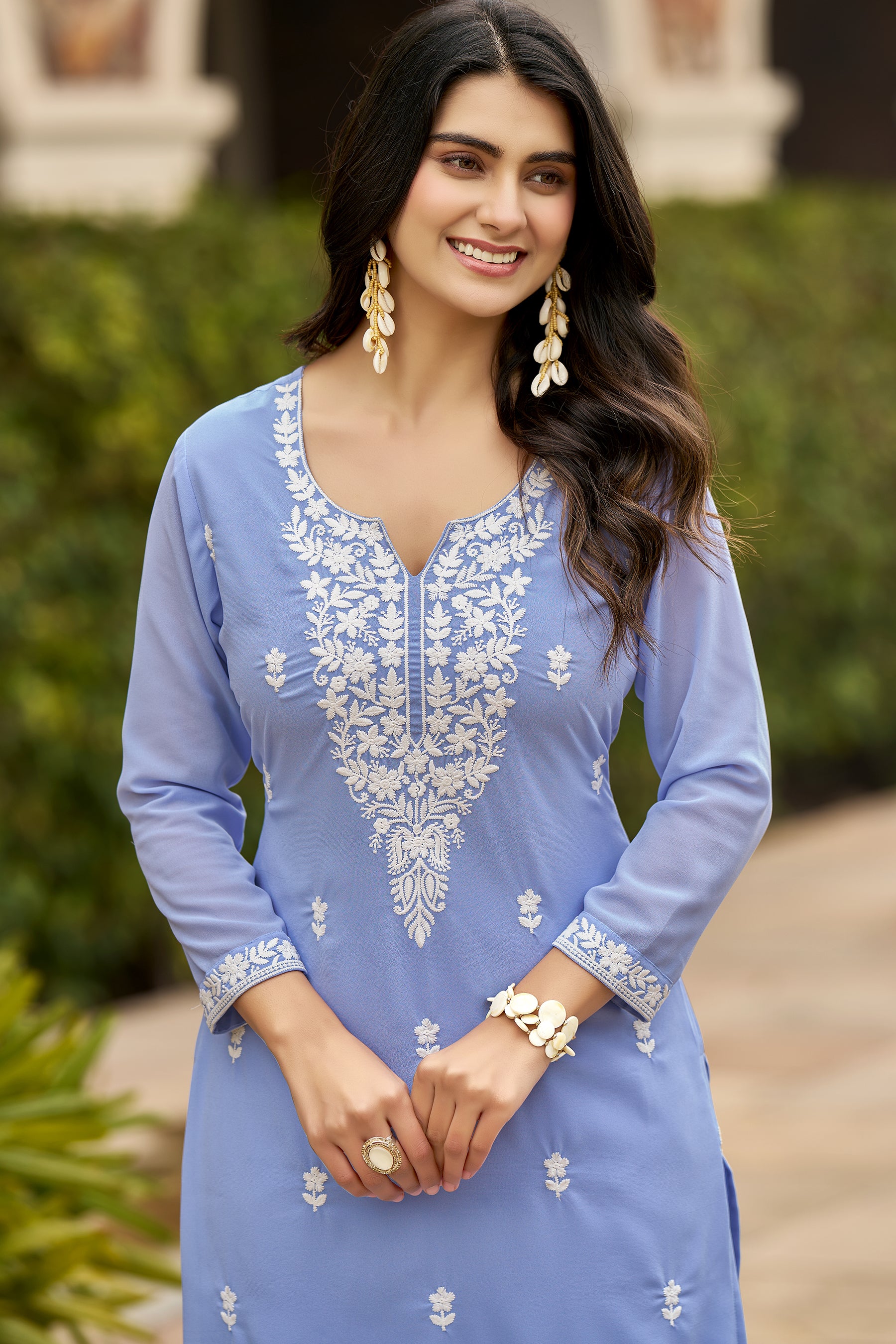 Sky Blue Solid Embroidered Georgette Straight Kurta Set