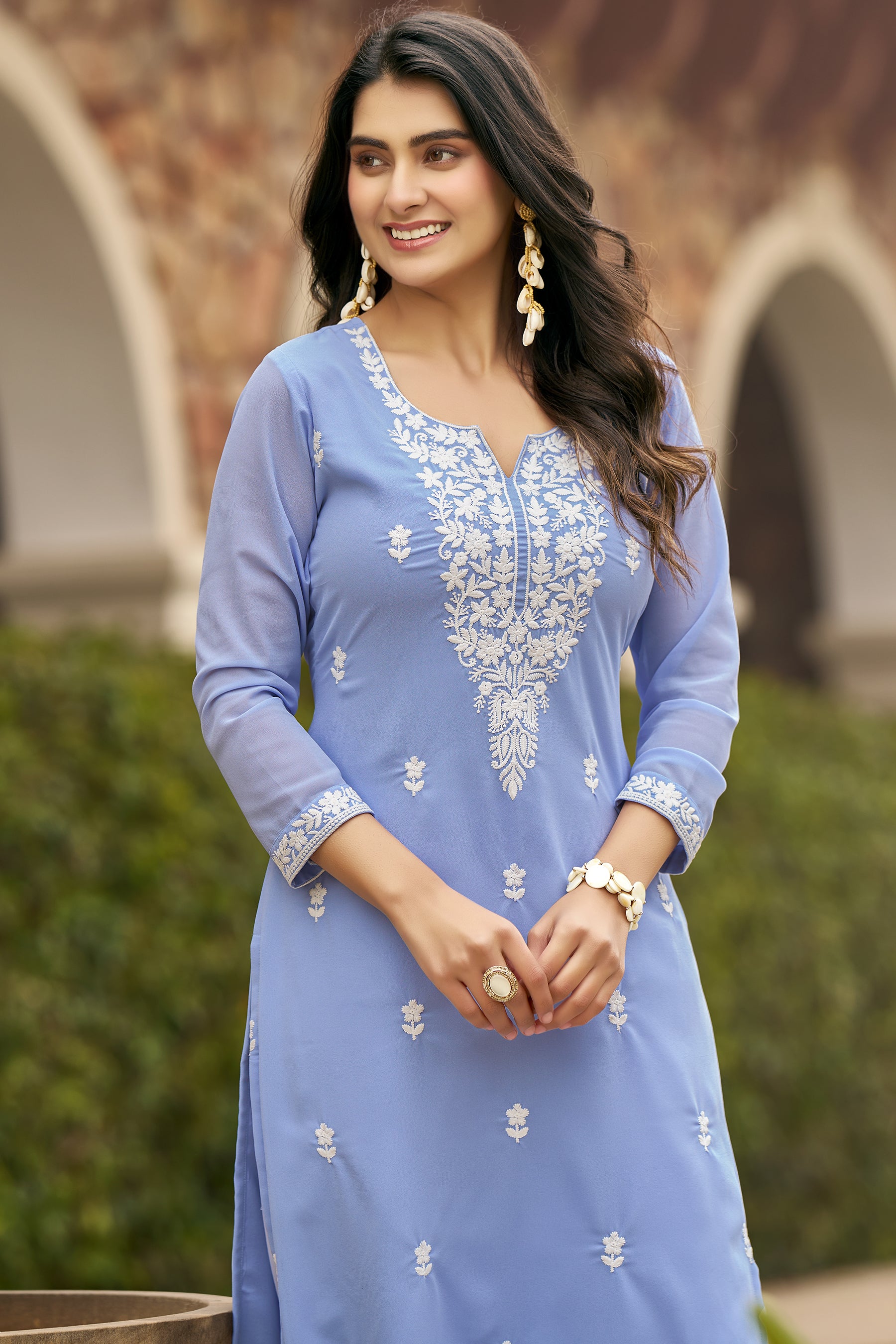 Sky Blue Solid Embroidered Georgette Straight Kurta Set