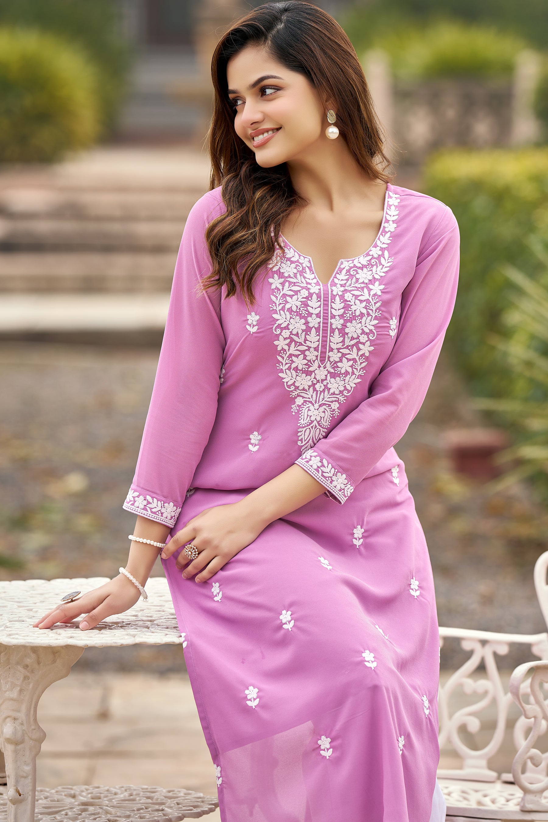 Pink Solid Embroidered Georgette Straight Kurta Set