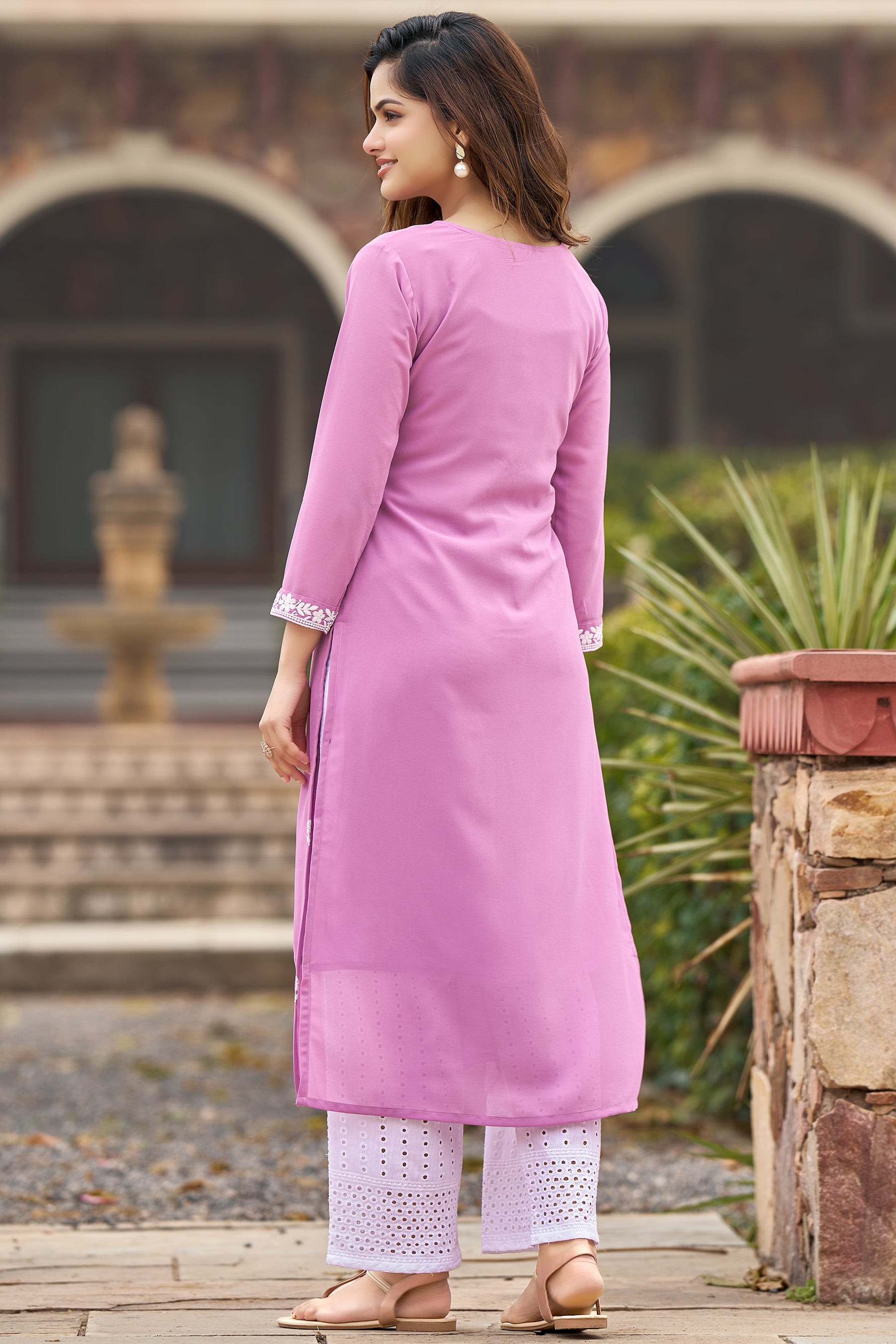 Pink Solid Embroidered Georgette Straight Kurta Set