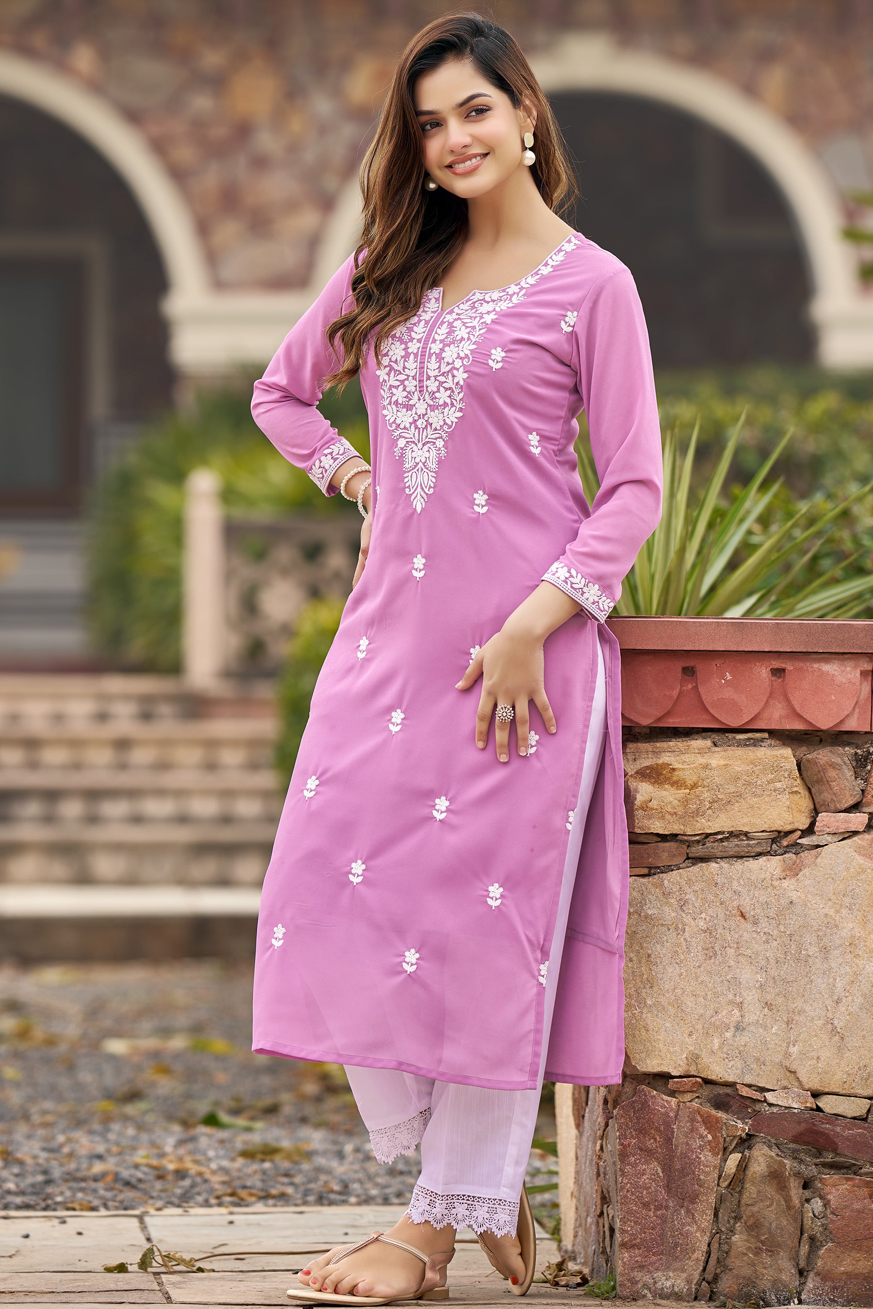 Pink Solid Embroidered Georgette Straight Kurta Set