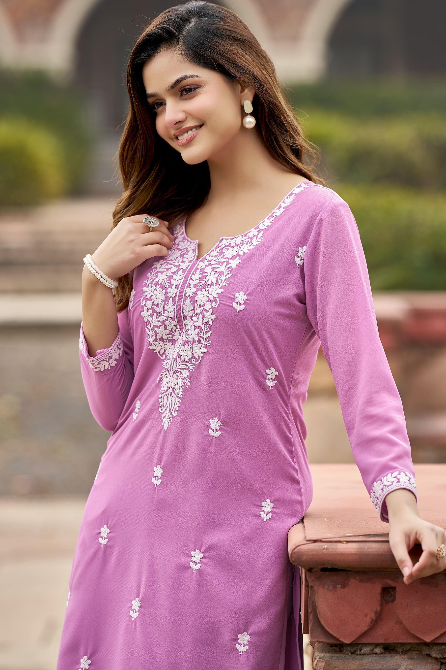 Pink Solid Embroidered Georgette Straight Kurta Set