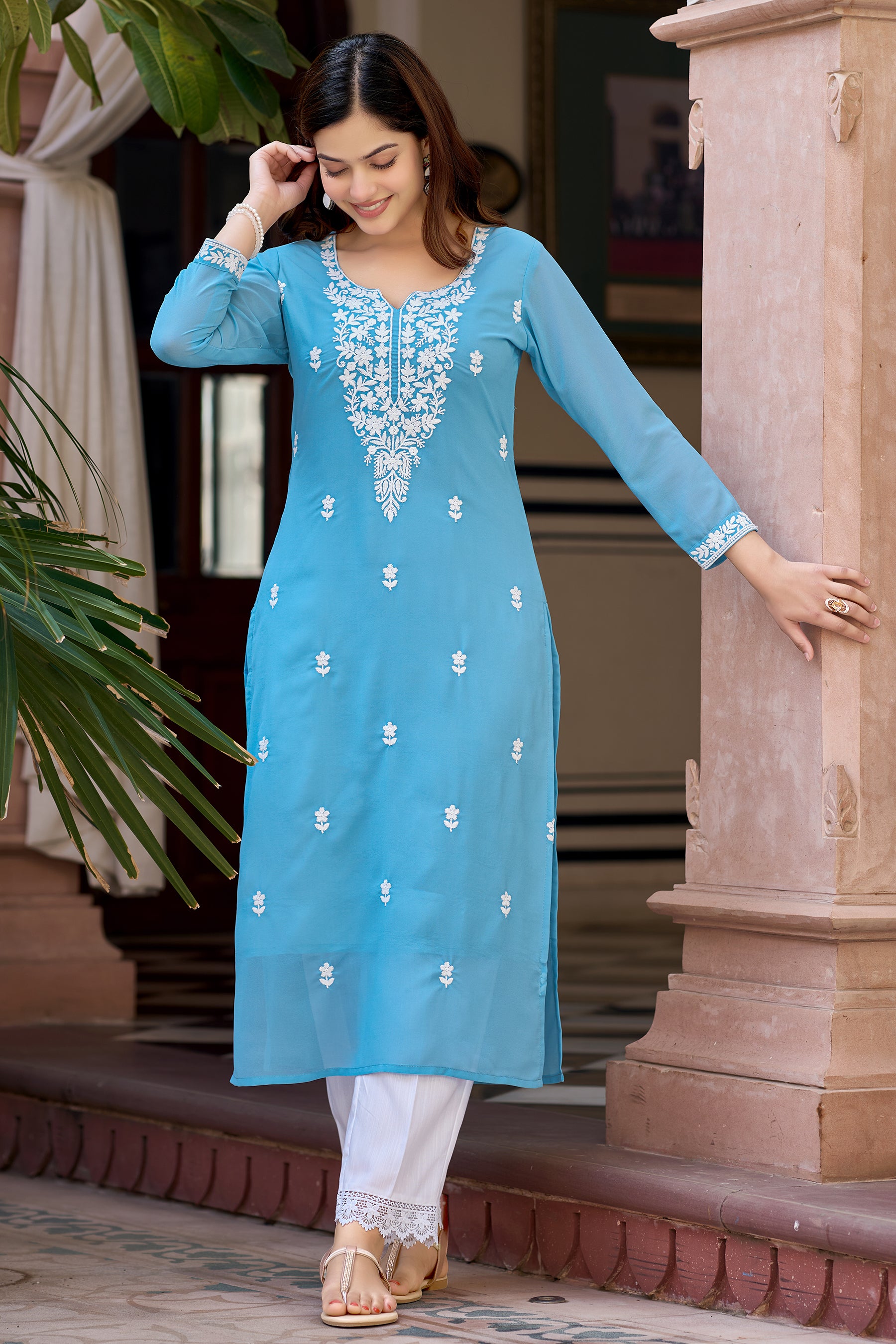 Aqua Blue Solid Embroidered Georgette Straight Kurta Set