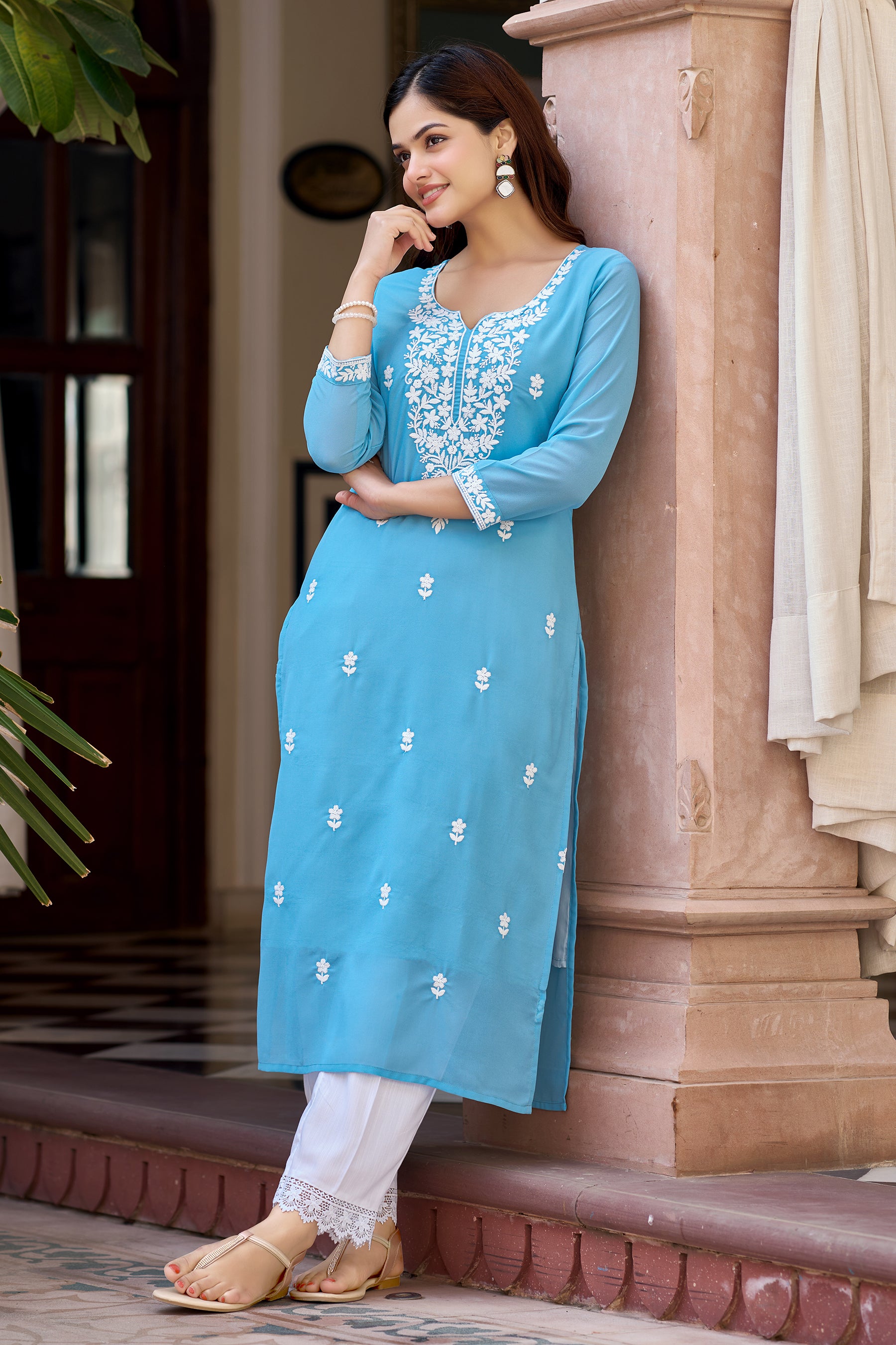 Aqua Blue Solid Embroidered Georgette Straight Kurta Set