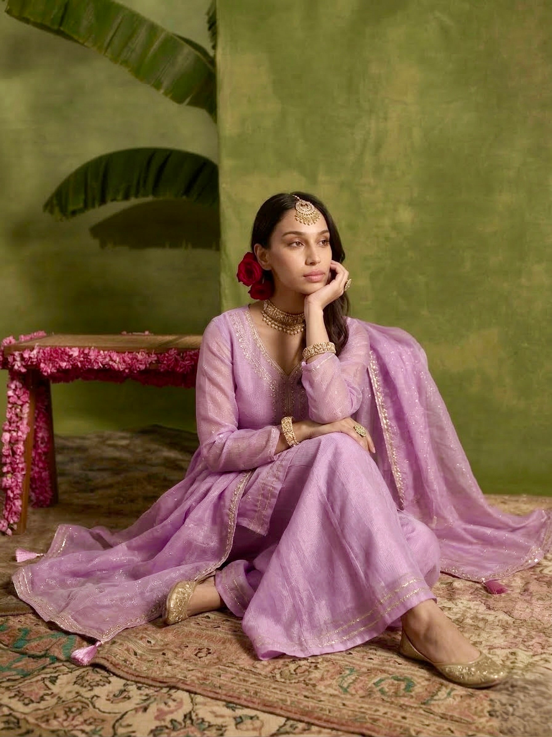 Lavender Embroidered Peplum Top with Sharara Set