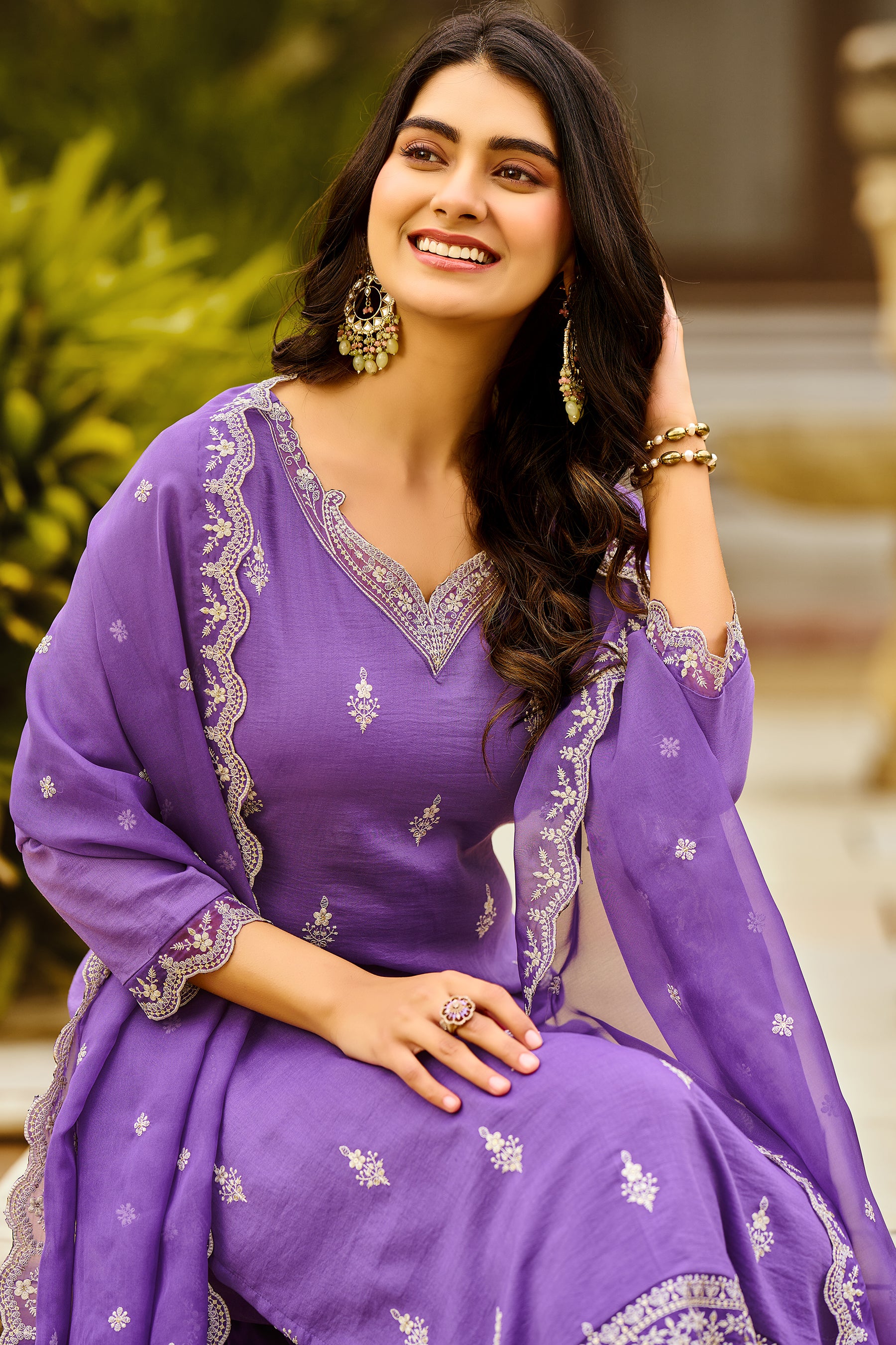 Lavender Embroidered Chinon Straight Kurta with Dupatta Set