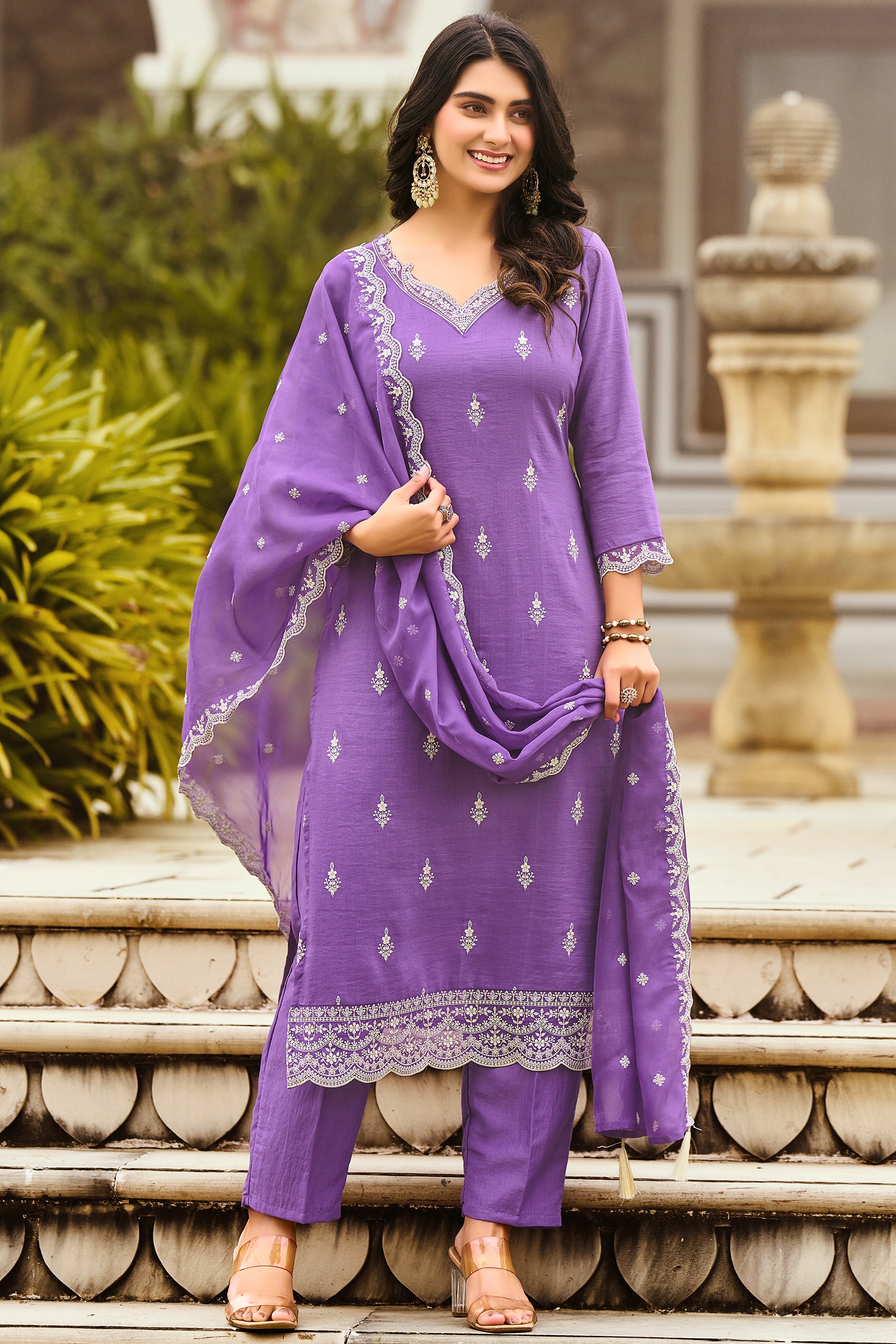 Lavender Embroidered Chinon Straight Kurta with Dupatta Set