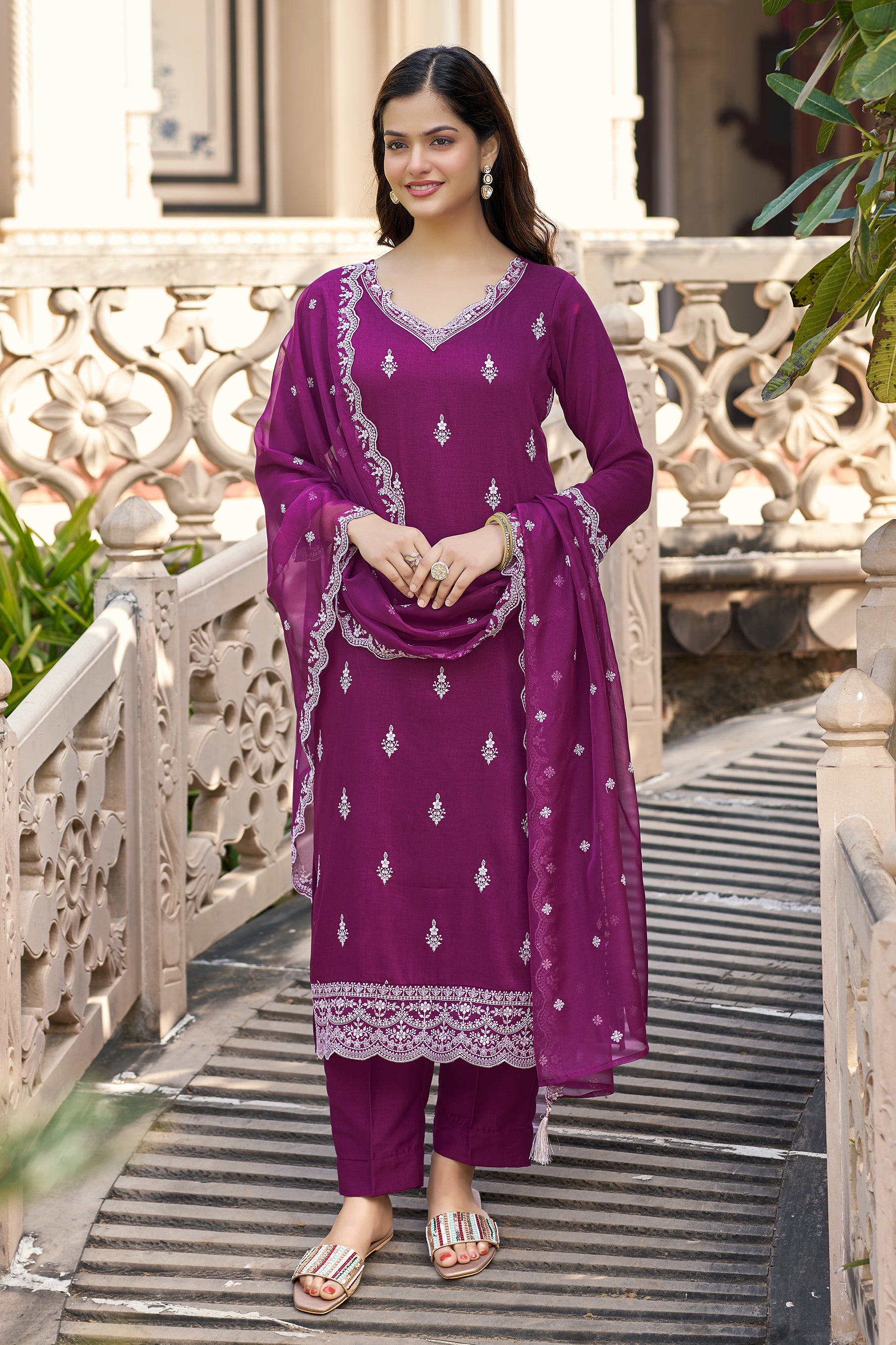 Maroon Embroidered Chinon Straight Kurta with Dupatta Set