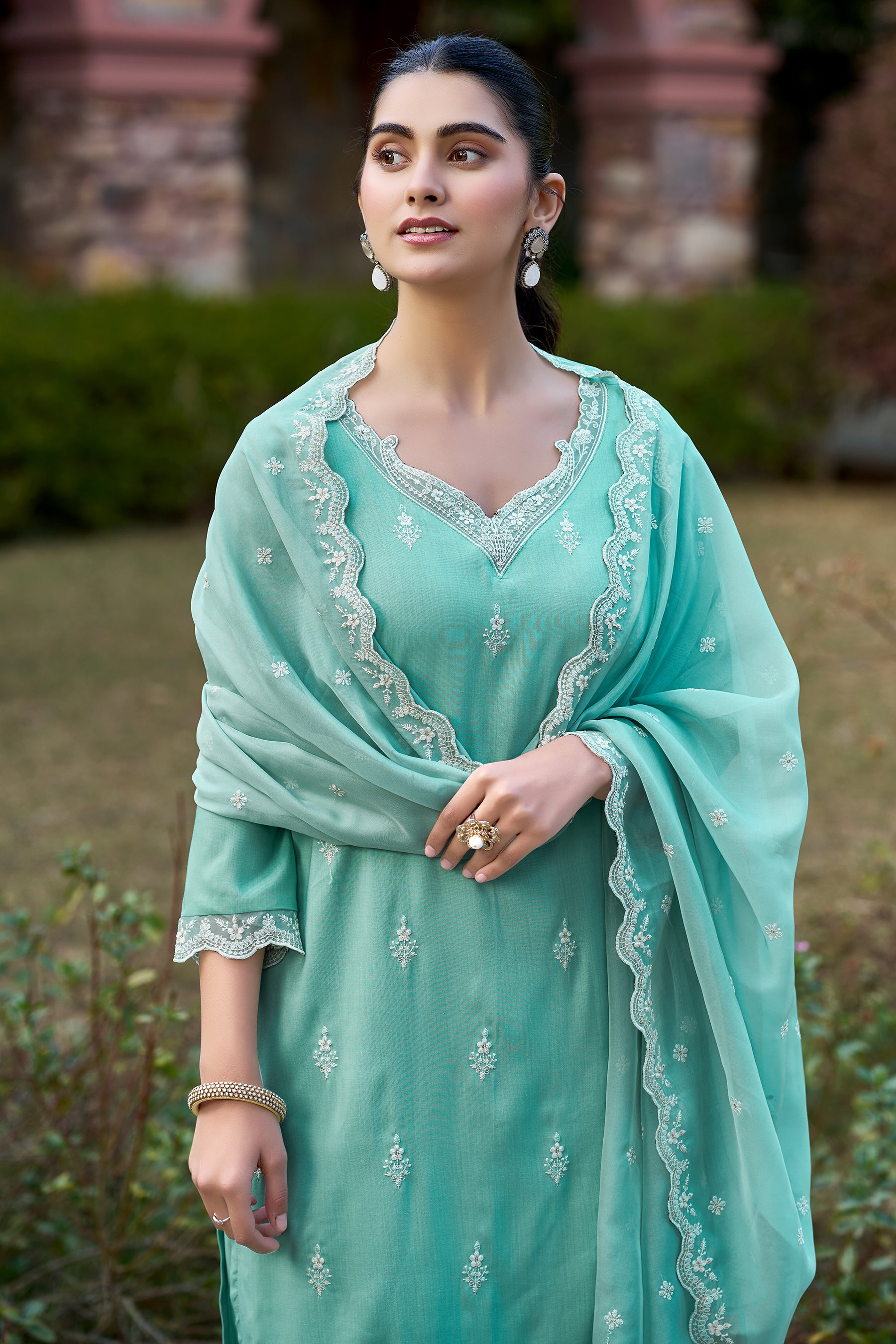 Mint Embroidered Chinon Straight Kurta with Dupatta Set